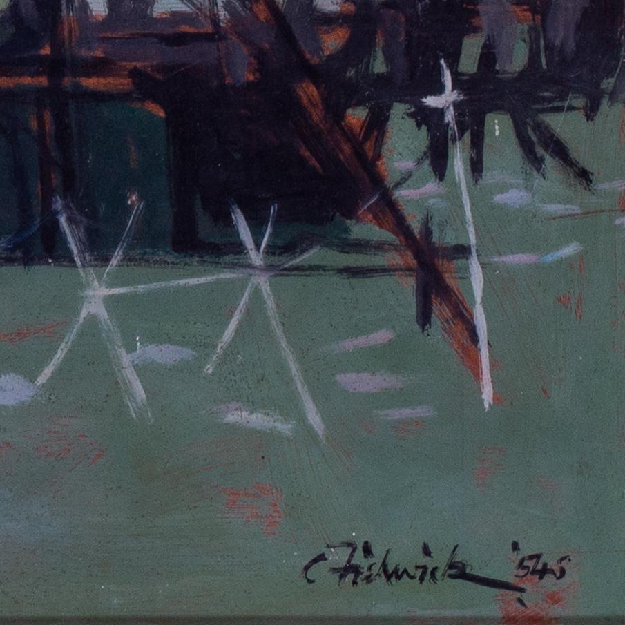 Tableau britannique d'un kiosque à musique, peint en 1954 par Clifford Fishwick en vente 1