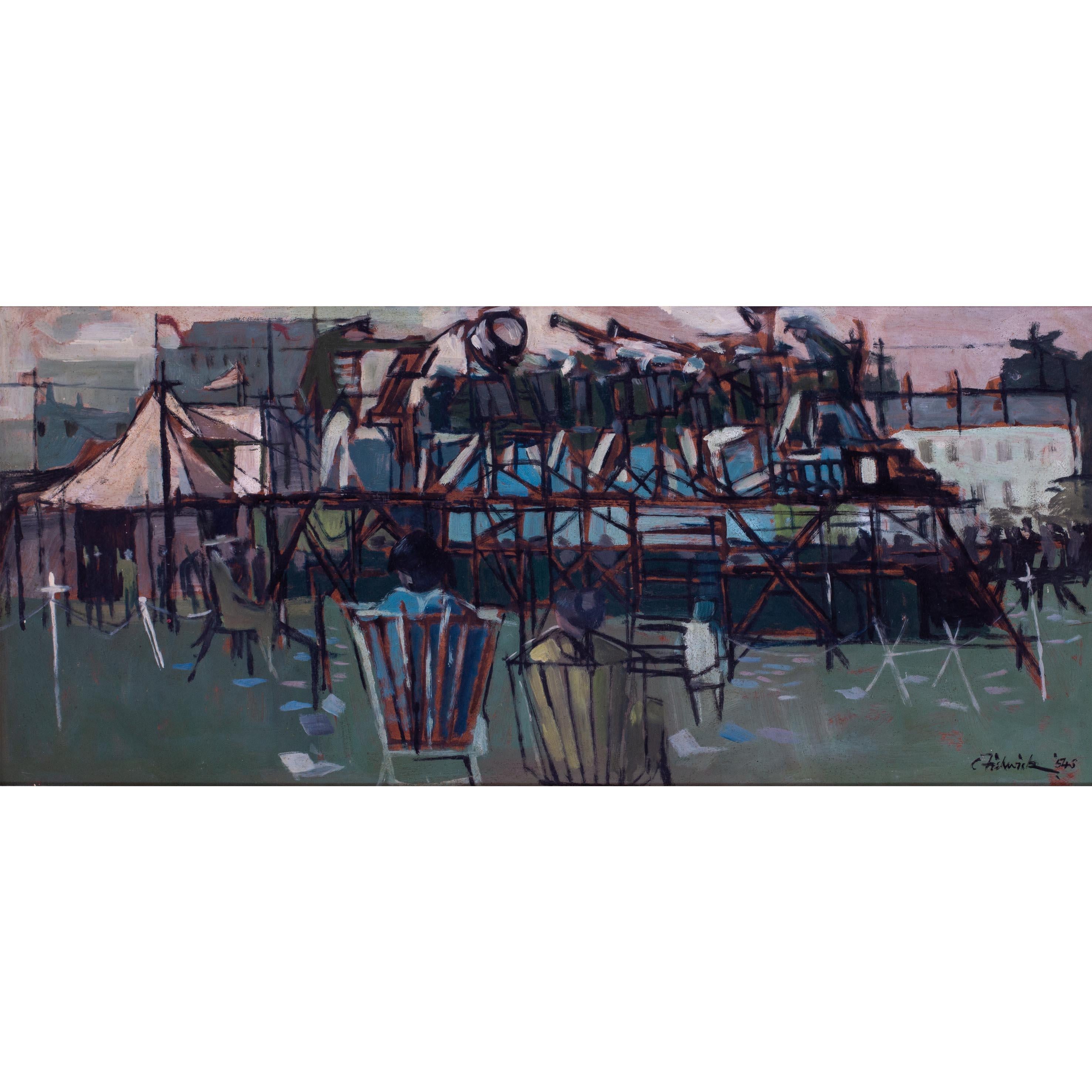 Tableau britannique d'un kiosque à musique, peint en 1954 par Clifford Fishwick en vente 6