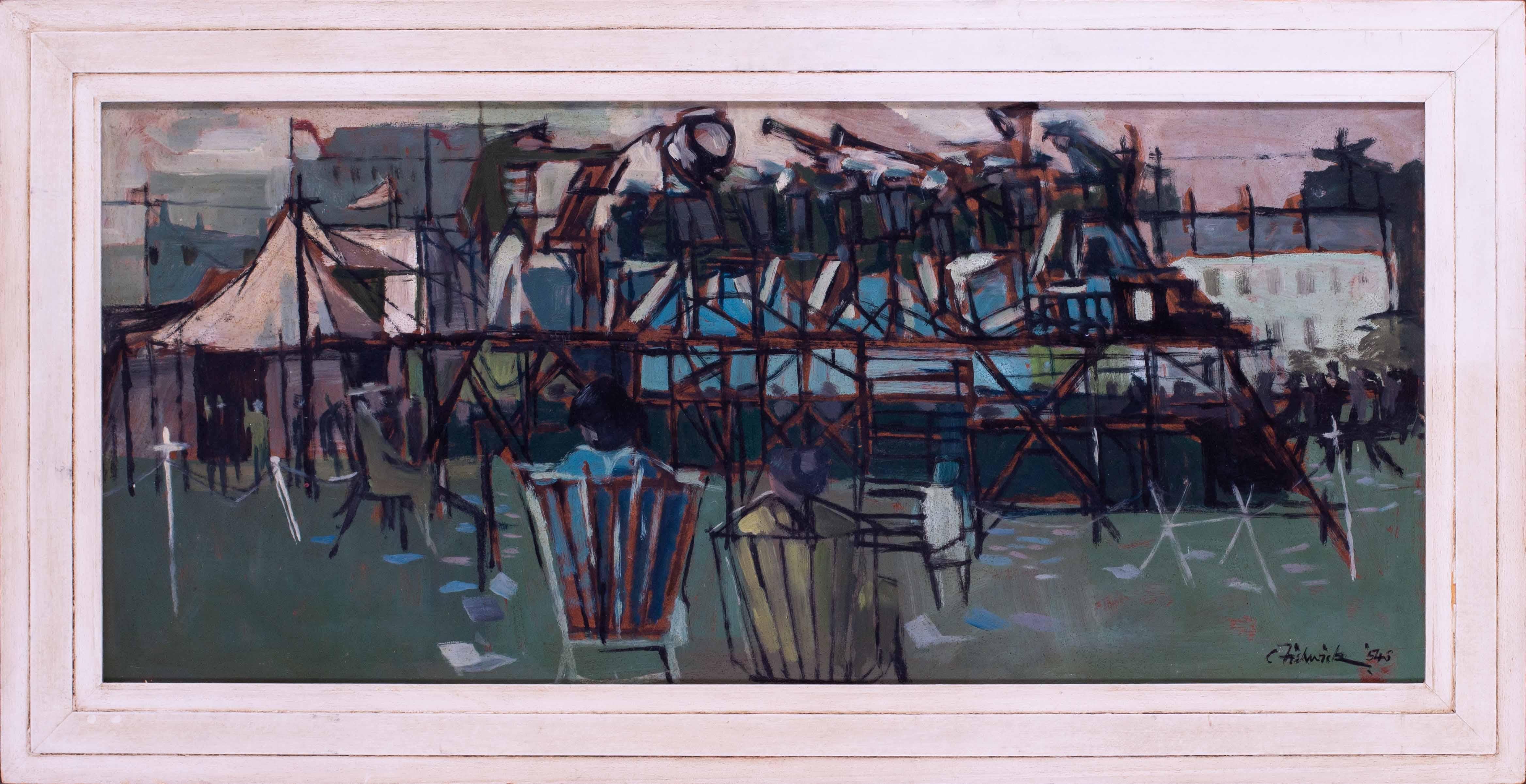 Clifford Fishwick (britannique, 1923 - 1997)
Kiosque à musique
Signé et daté "C.I.C. 54-5" (en bas à droite).
Huile sur carton
18.3/4 x 42.1/2 in. (47.7 x 107.6 cm.)

Cette composition saisissante de Clifford Fishwick, datant du milieu du siècle,