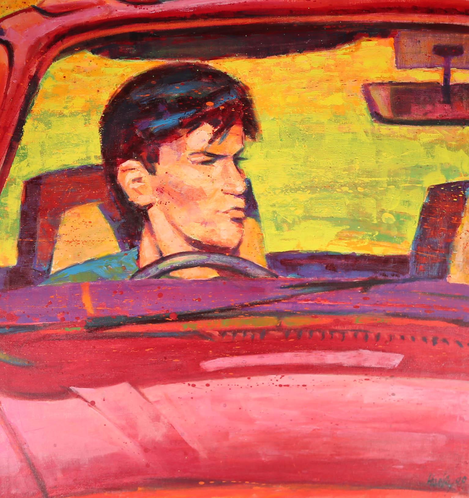A strikingly vibrant 20th Century oil, showing a man in his car bathed in bright sunlight. The artist's use of dynamic splatter work, confident colours and a closely cropped composition, make this a truly eye catching artwork. The artist has signed