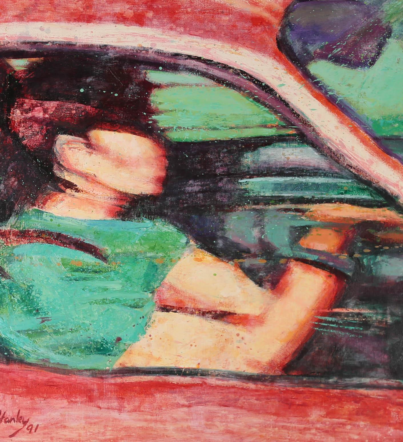 A striking study of a woman whizzing by in the driver's seat of a car. The artist sues sweeping brush strokes to portray the speed of the vehicle. Signed to the lower left. Inscribed with a puzzling title to the reverse. Presented in a wooden frame.