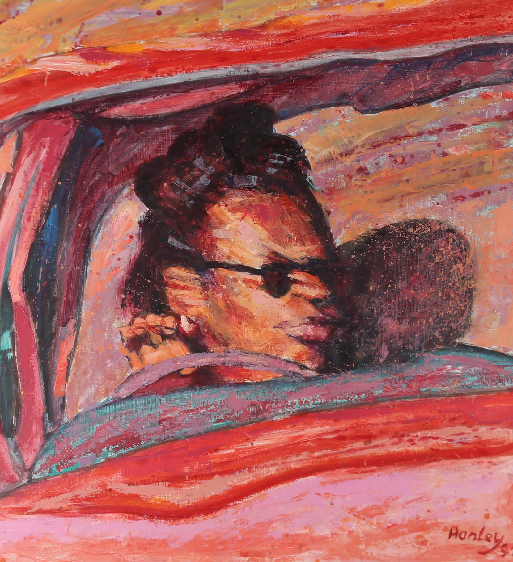 A striking portrait depicting a woman in the driver's seat of a car. The artist uses vibrant colour and expressive brush work to create fun, bright portrait. Signed and dated to the lower right. Presented in a light wooden frame.