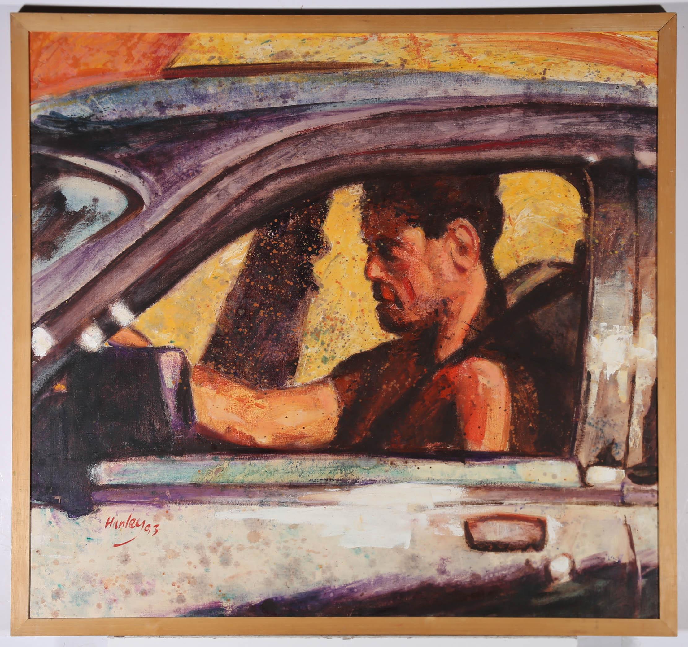 A striking profile depiction of a man in the driver's seat of a car. Painted in an expressive style in a vibrant colour palette. Signed and dated to the lower left. Titled to the reverse. On canvas on stretchers.