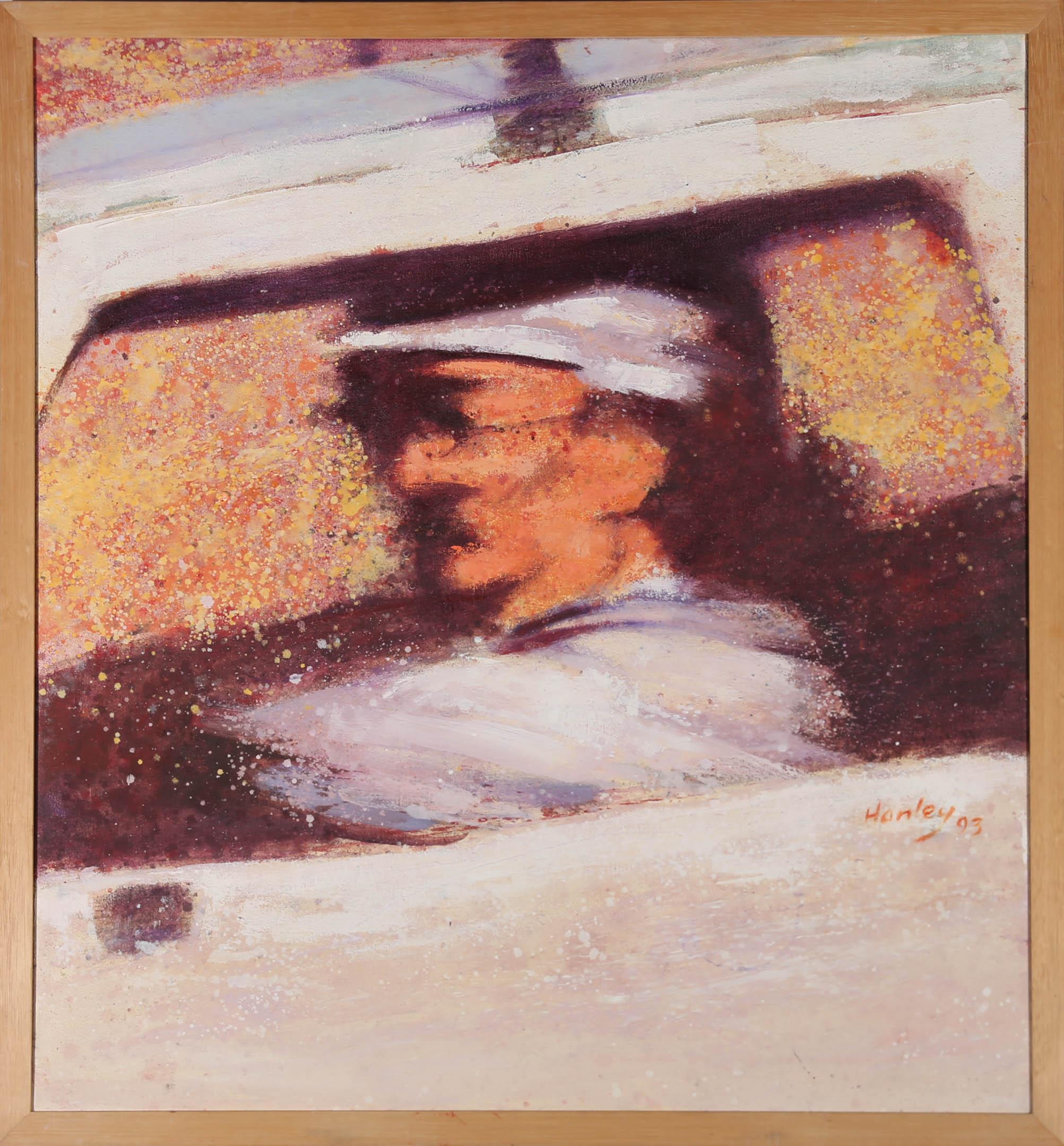 A striking portrait depicting a man dressed all in white, matching the exterior of his car as he drives through the city. Signed and dated to the lower right. Presented in a wooden frame. On canvas on stretchers.