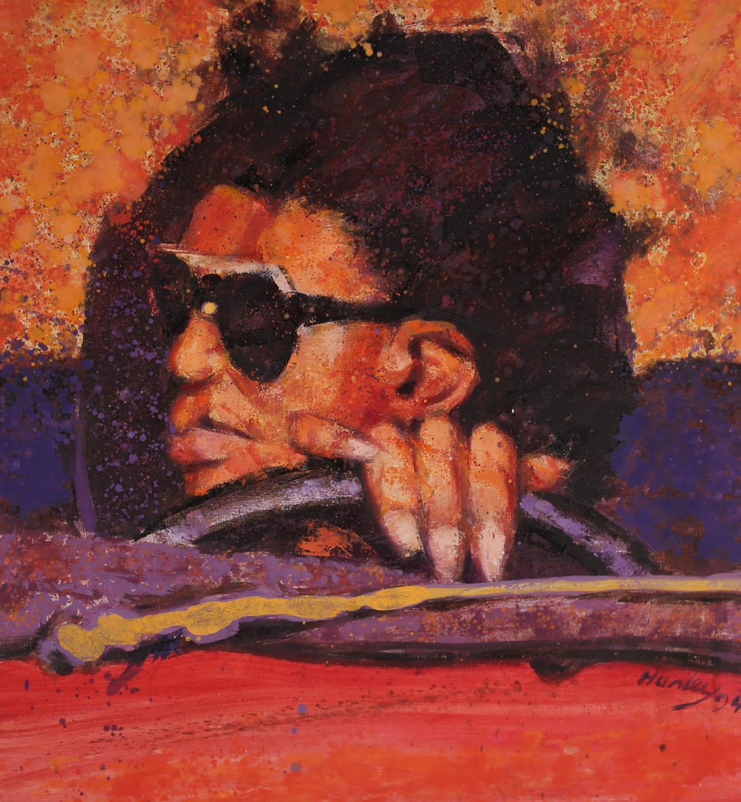 A striking portrait depicting a person sitting in the driver's seat of a car. The artist captures the scene in vibrant shades of red and purple using expressive brushwork convey movement in the scene. Signed and dated to the lower right. Tilted to