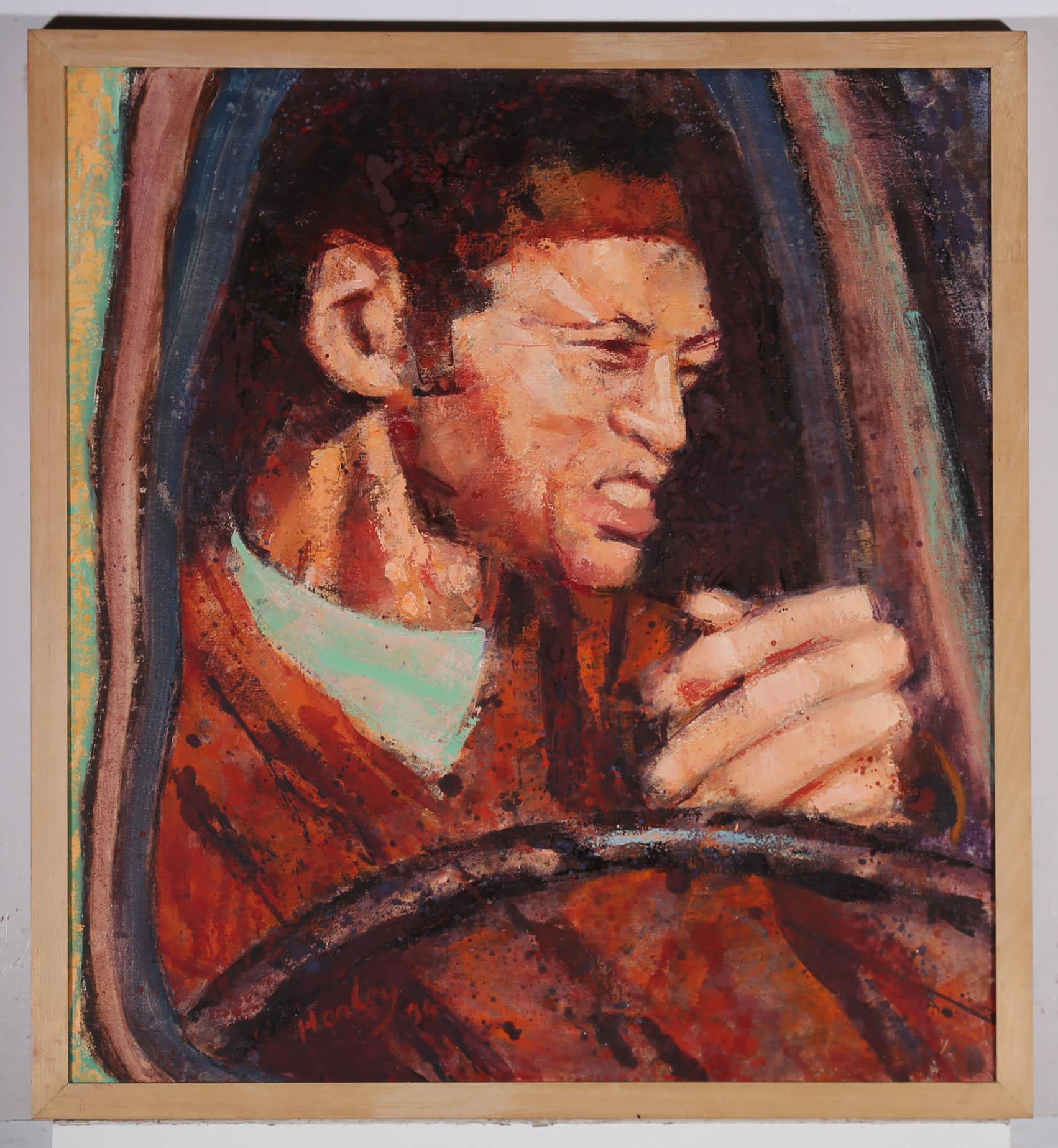 A captivating portrait depicting a man in peering out of the window from the driver's seat. Painted in expressive brush strokes and a vibrant colour palette. Signed and dated to the lower right. Presented in a light wooden frame. Titled to the