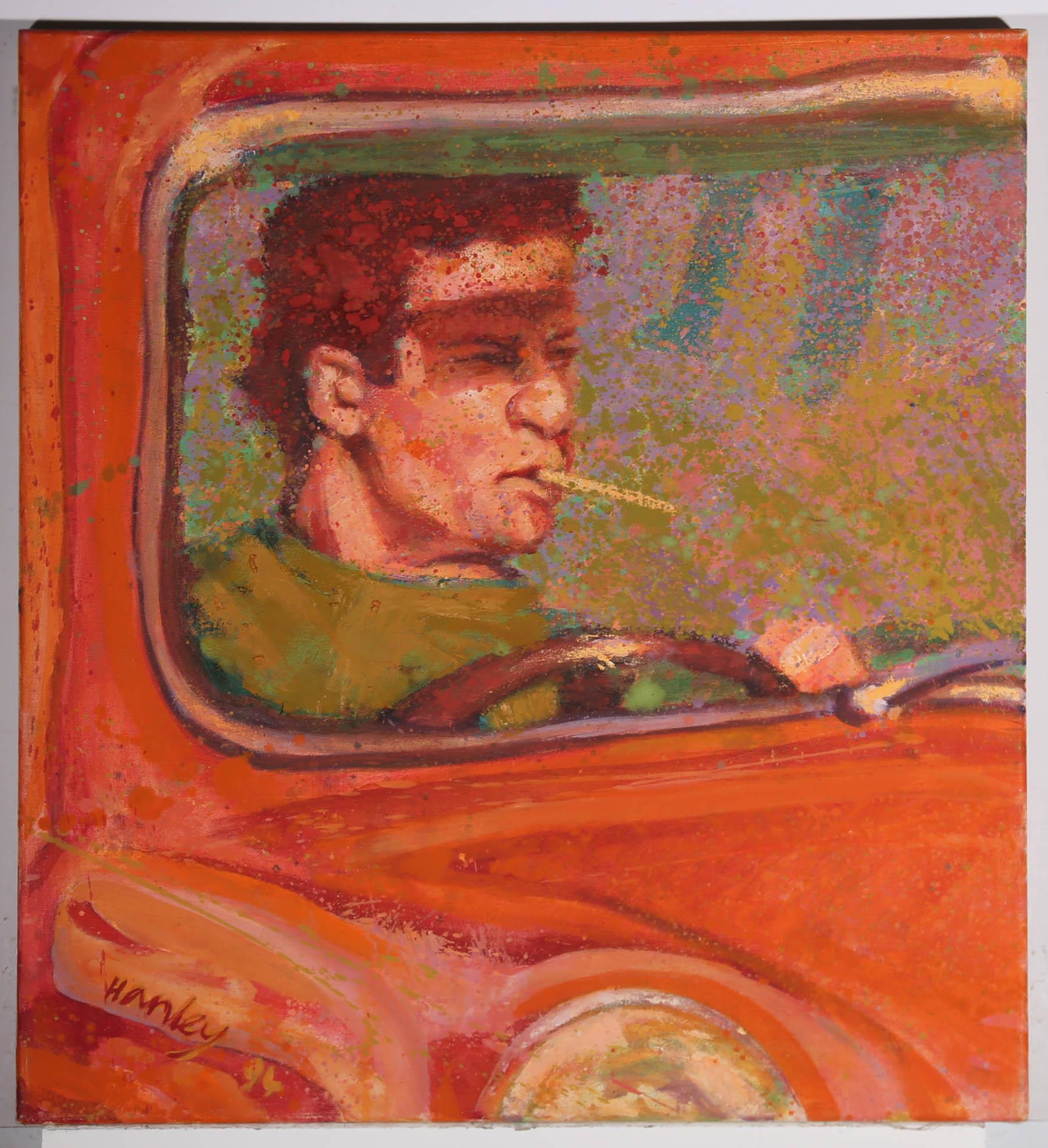 A bright contemporary portrait by Clifford Hanley, depicting a delivery man having a smoke in his cab, whilst driving into blinding sunlight. Signed and dated to the lower left-hand corner. On canvas on stretchers.