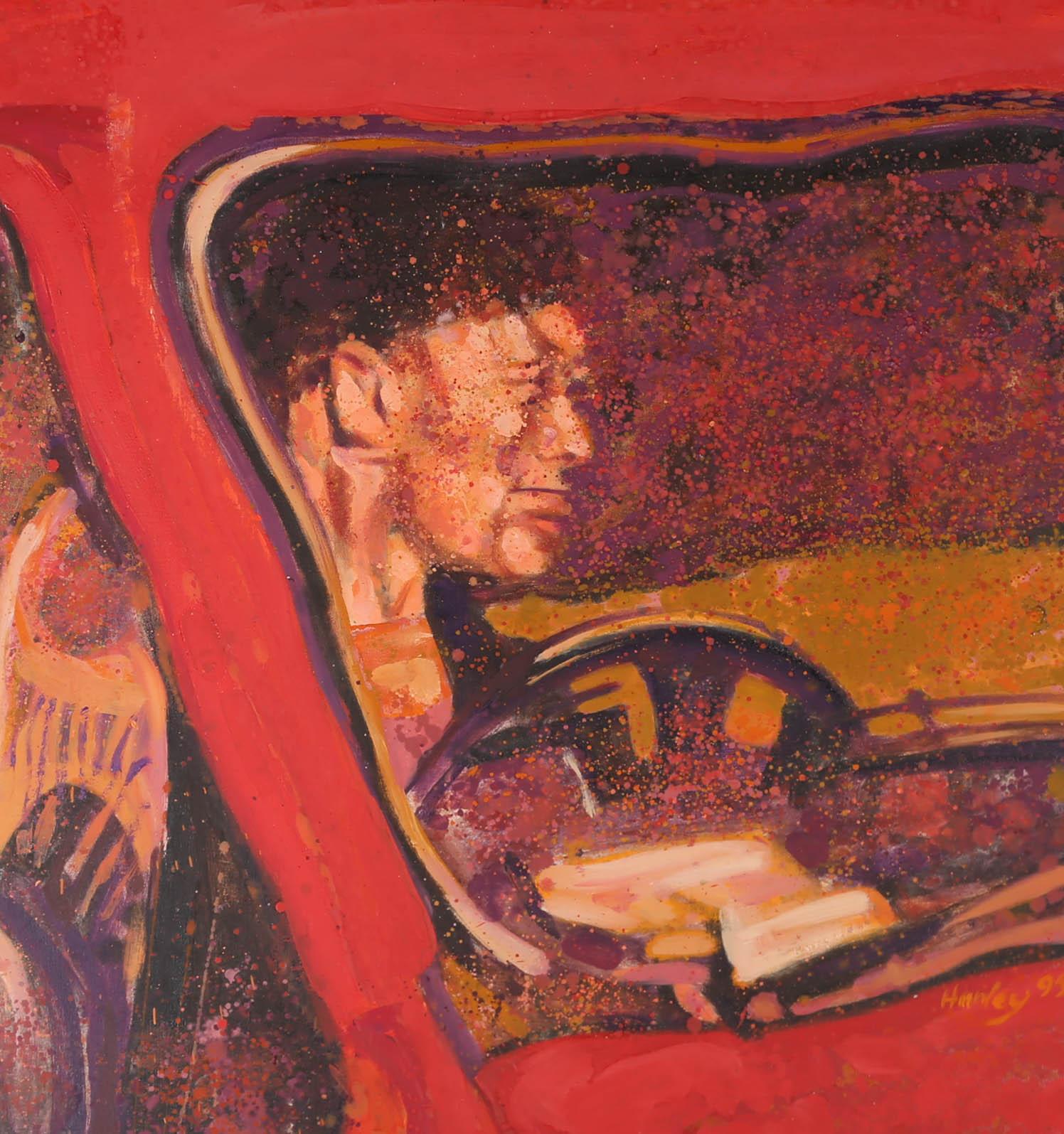 A striking portrait depicting a man sat in the driver's seat of a car. Captured in brilliant tones of red, with splatter of warm colours which add texture to the scene. Signed and dated to the lower right. Presented in a light wooden frame. On