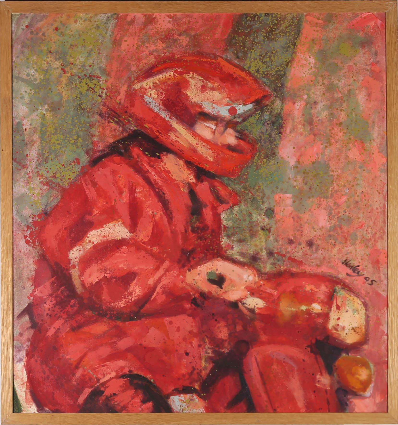 A striking study of a man dressed in red speeding past ona motorbike. The artist captures the movement in the scene through using sweeping, gestural brushworks giving the work an expressive finish. Signed and dated to the right hand side. On canvas