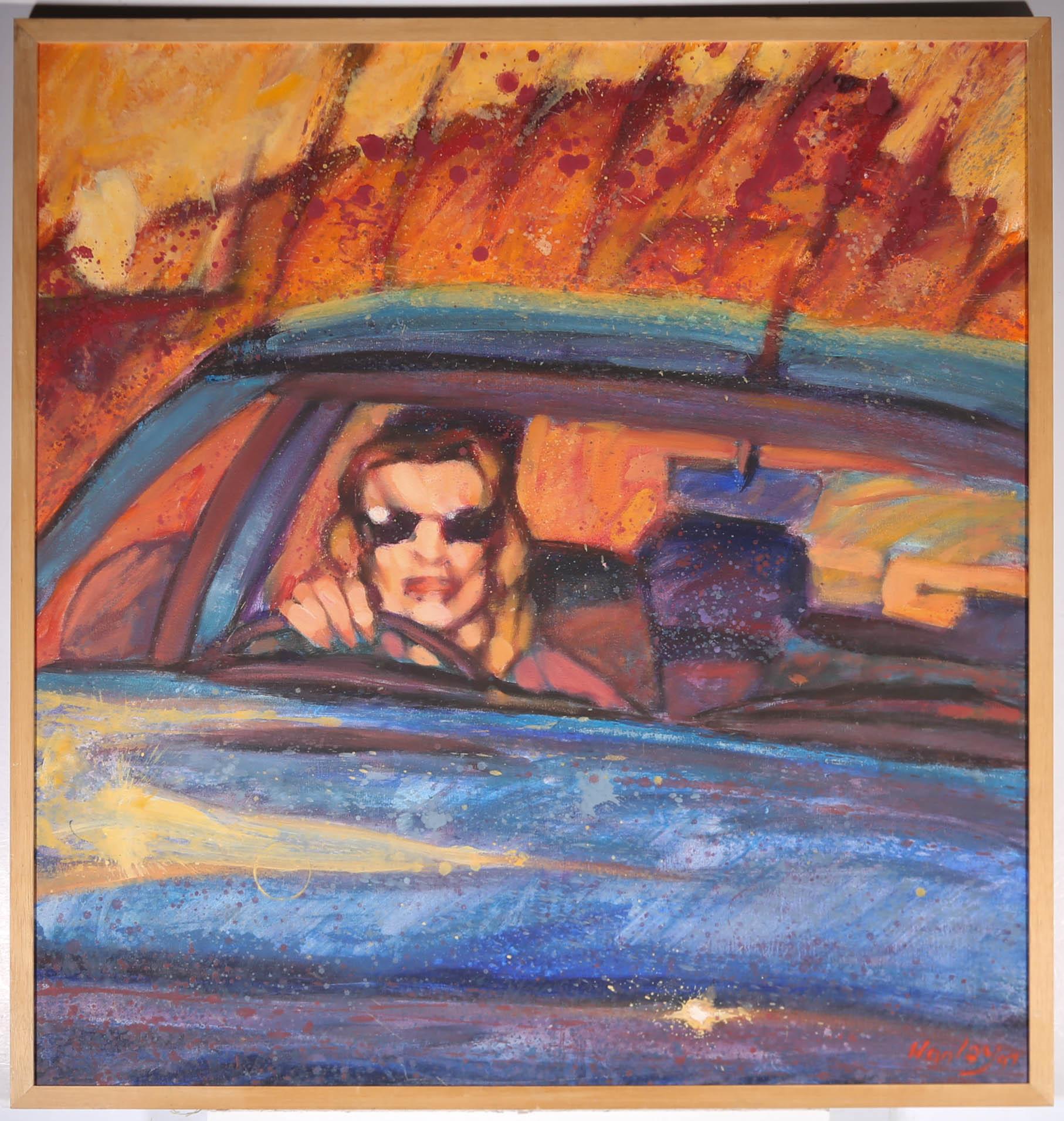A striking 20th Century oil showing a glamorous woman wearing sunglasses, driving her car towards the sun. The artist's use of closely cropped composition and confident colours make this a truly eye catching artwork. The artist has signed and dated