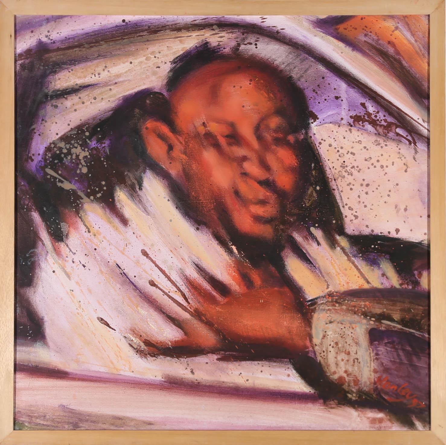 A fun, expressive portrait depicting a man in the driver's seat of a car. the gestural, sweeping brush strokes give the impression that the car is whizzing by the artist, only being able to catch a glimpse of the driver. Signed and dated to the