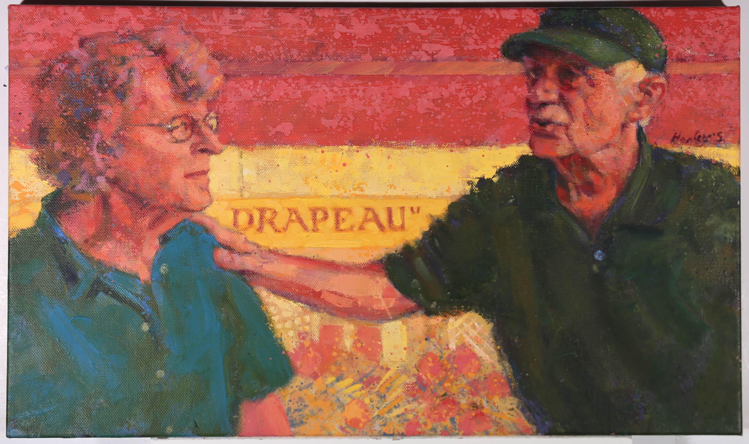 This charming portrait depicts an elderly couple in conversation. The man tenderly puts his hand on the woman's shoulder as he speaks to her. Signed and dated to the upper right. On canvas on stretchers.