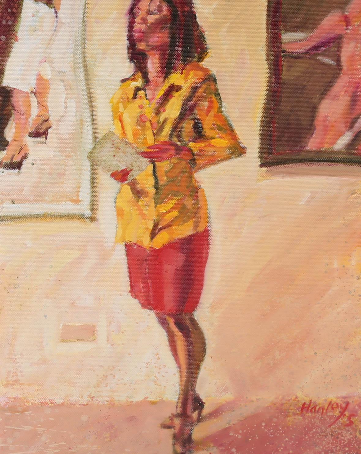 A striking full-length portrait of a woman in business attire holding notes. Signed and dated to the lower right. Presented in a light wooden frame. On canvas on stretchers.