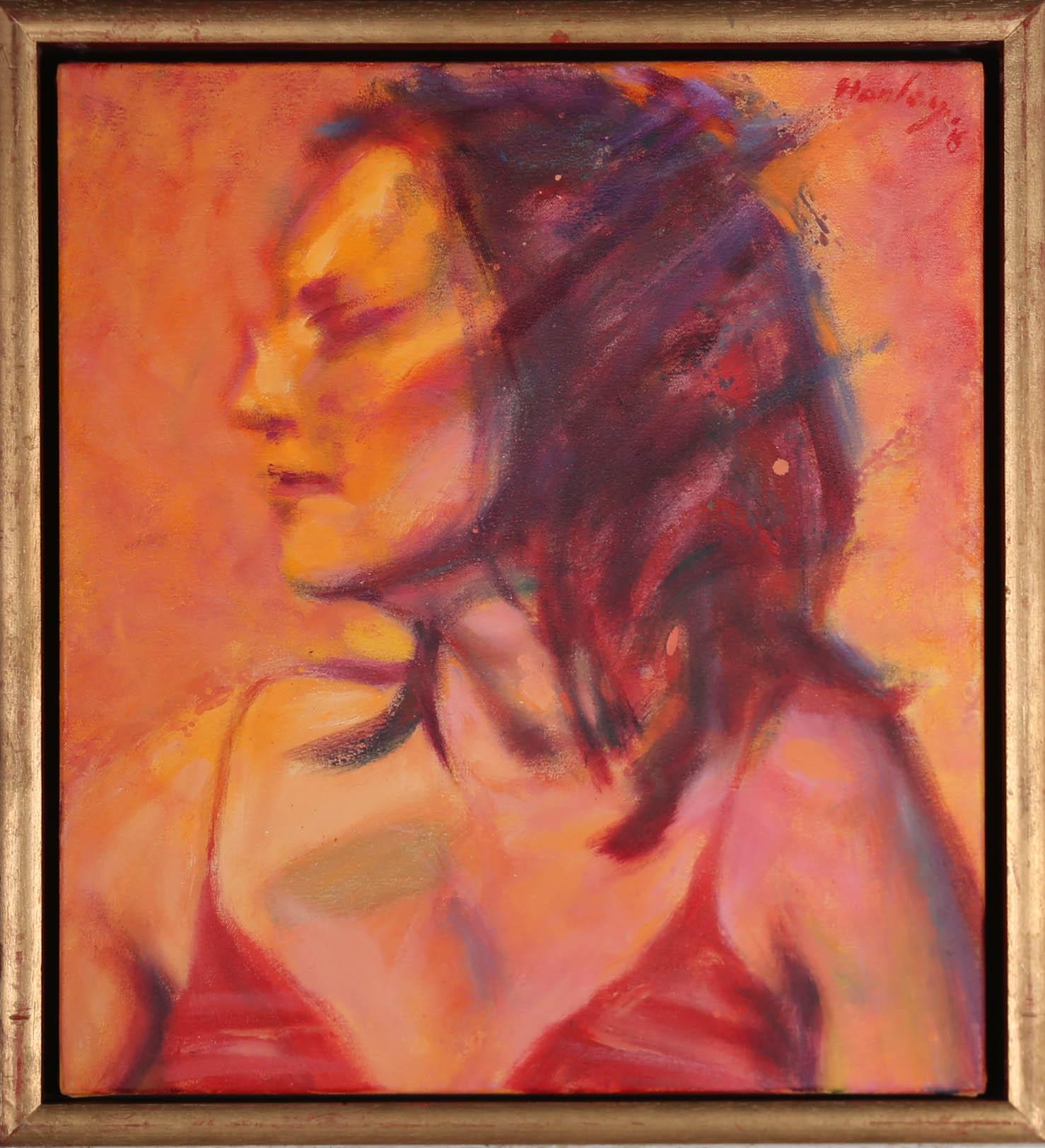 A striking profile study of a woman in vivid splashes of pink and orange. Signed and dated to the upper right. Presented in a gilt frame. Titled to the reverse. On canvas on stretchers.


