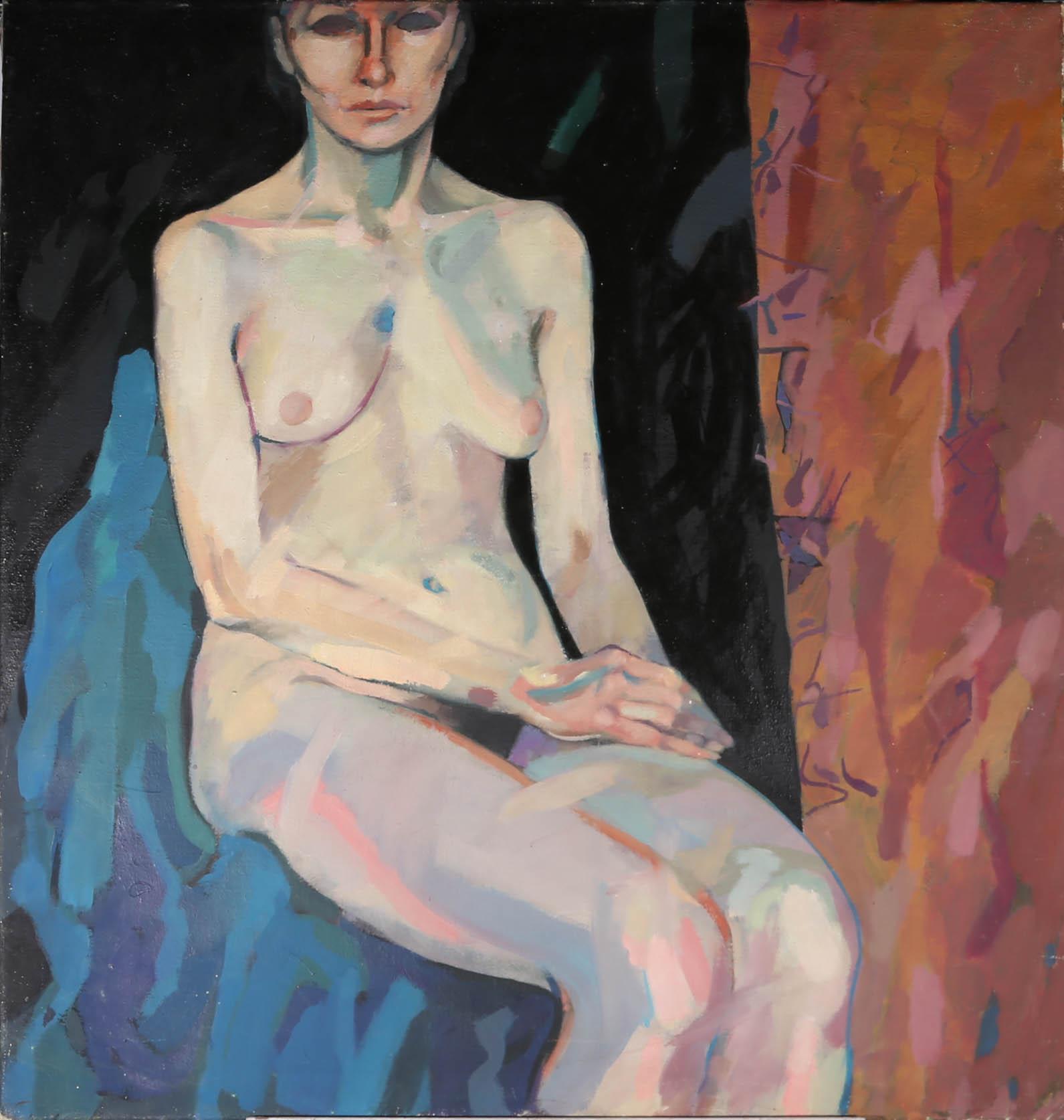 A striking nude, maybe one of the most impressive portraits from the collection, this 20th Century life study shows a seated woman with pastel toned skin sitting against a dramatic black ground. The painting shows a darker side to the artist's