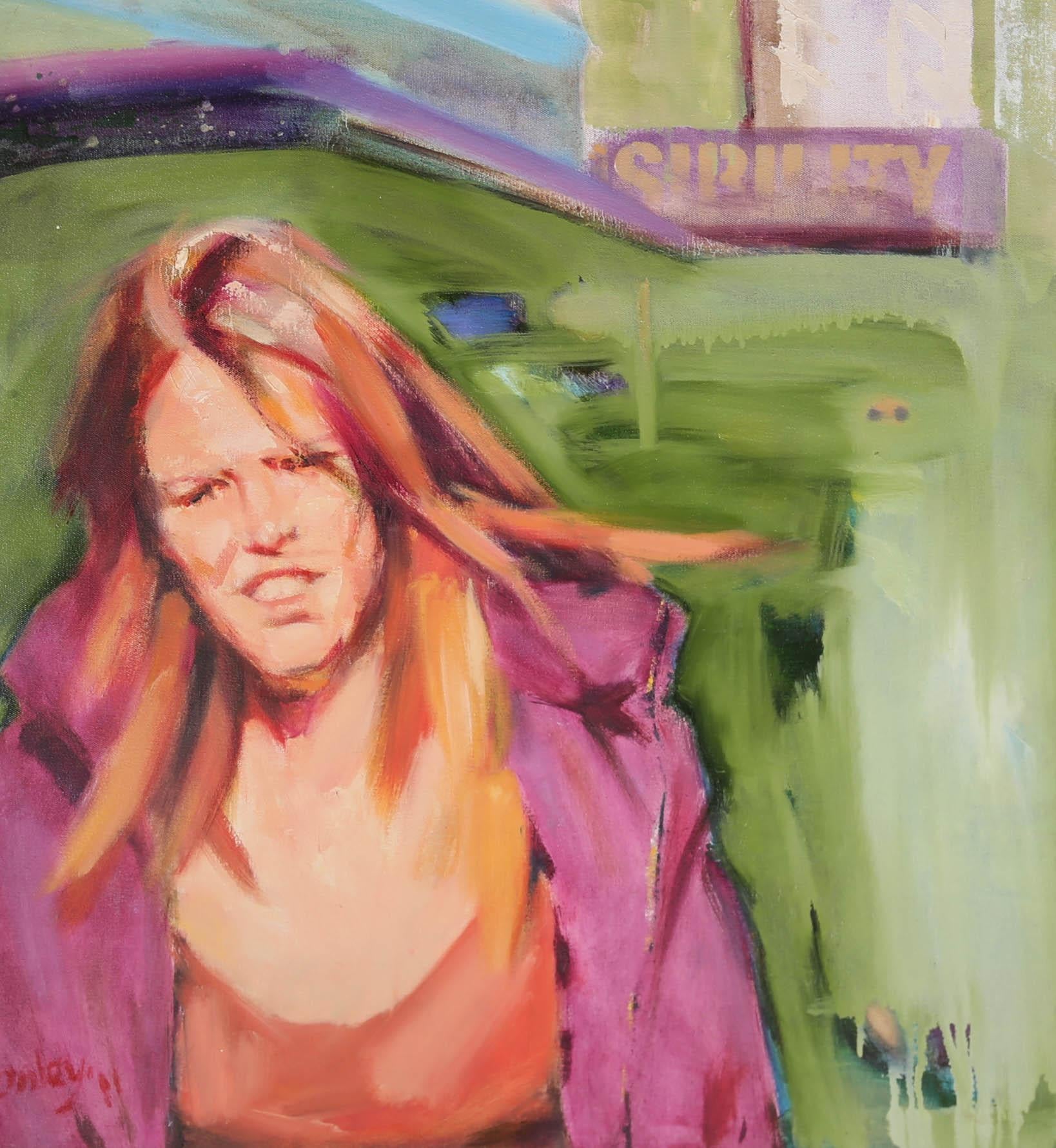 Una vibrante composizione modernista dell'artista Clifford Hanley, che ritrae una figura femminile colta da seri pensieri nelle strade trafficate di Oxford. Il dipinto è firmato e datato nell'angolo inferiore sinistro. Su tela su barelle.