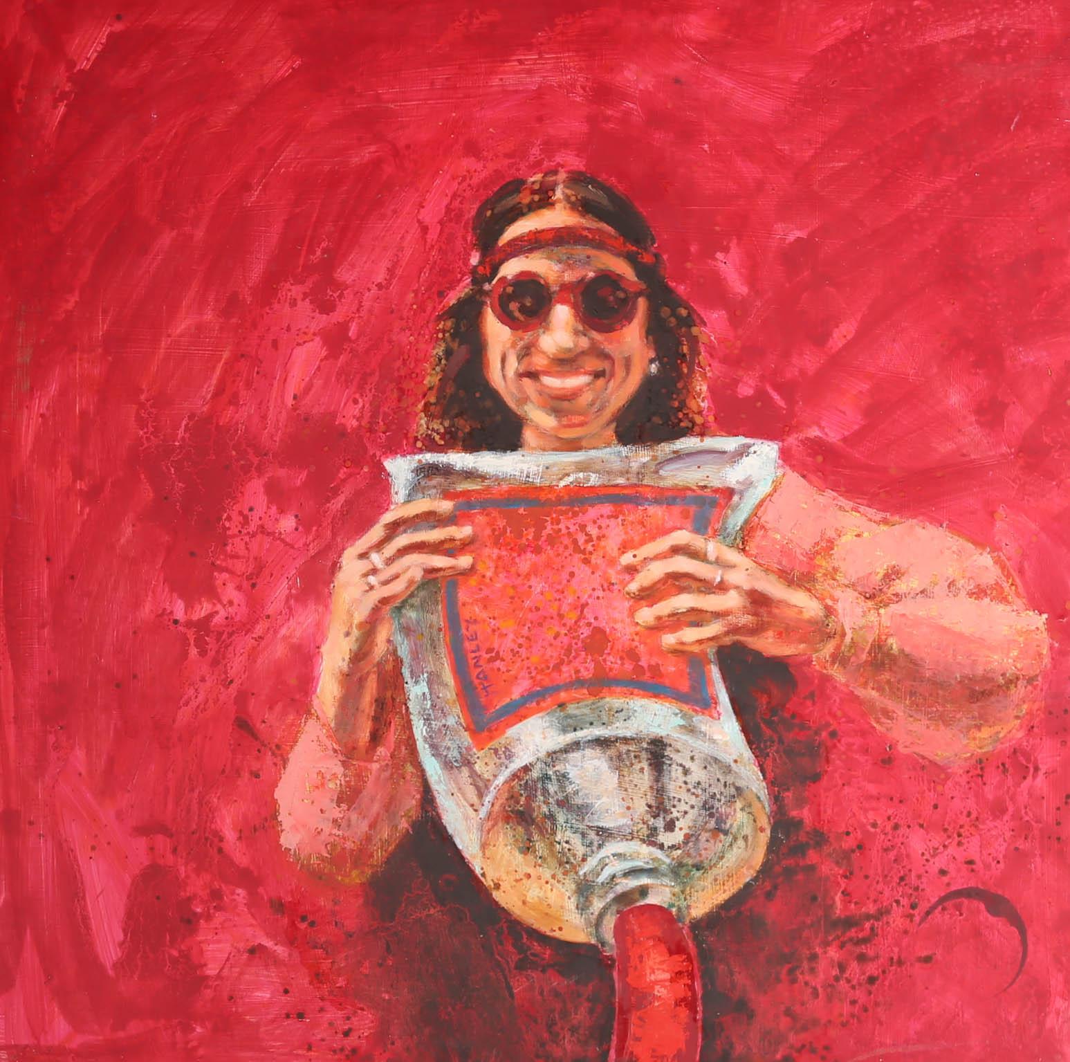 A man dressed in hippy attire holds a giant tube of red paint, smiling brightly as he squeezes the contents out which engulfs the scene. Signed to the centre. On board.