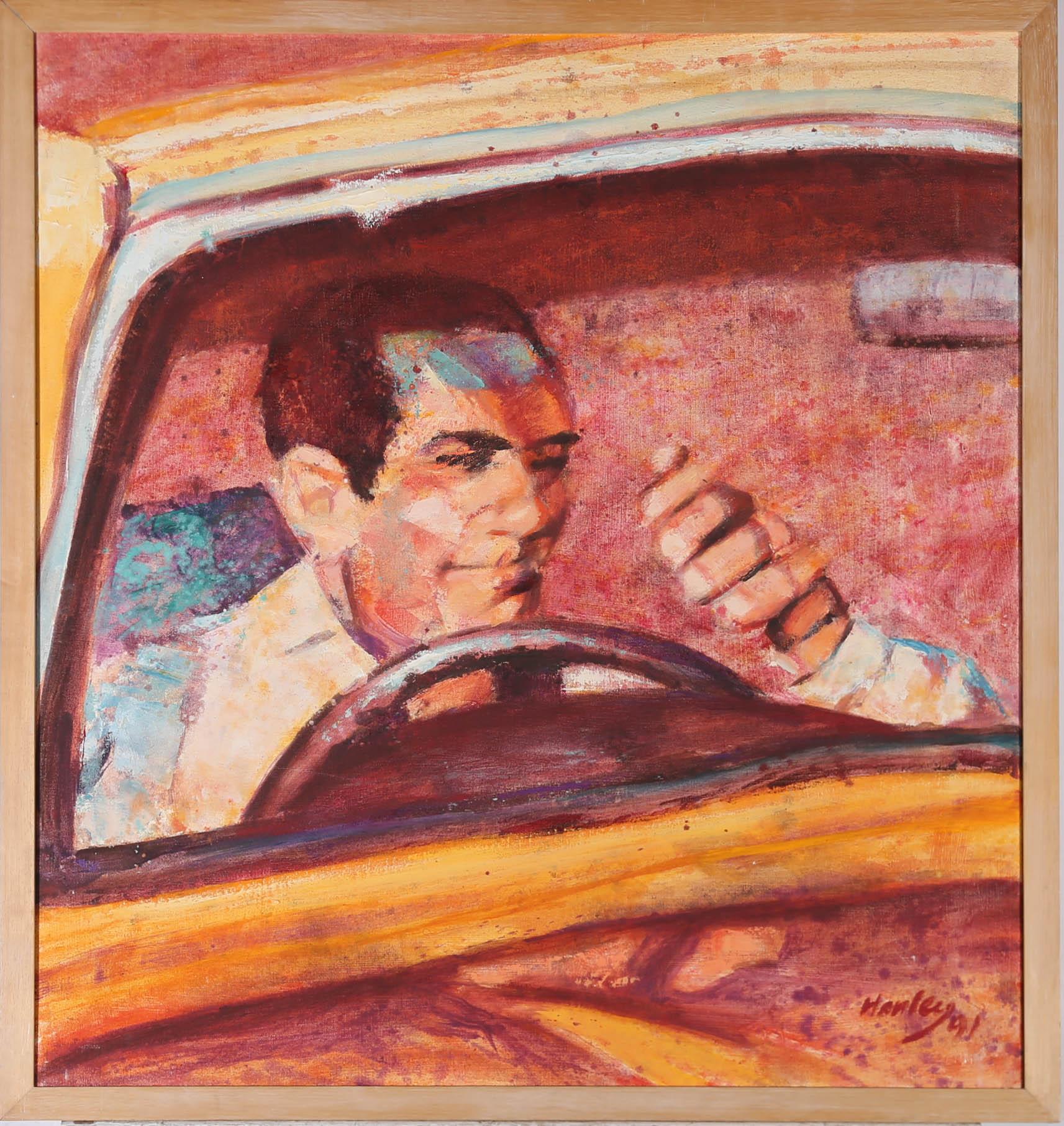 A colourful window screen view of a gentleman driving an orange car by Clifford Hanley. The painting is signed and dated to the lower right-hand corner. Well presented in a simple wooden frame. On canvas on stretchers.