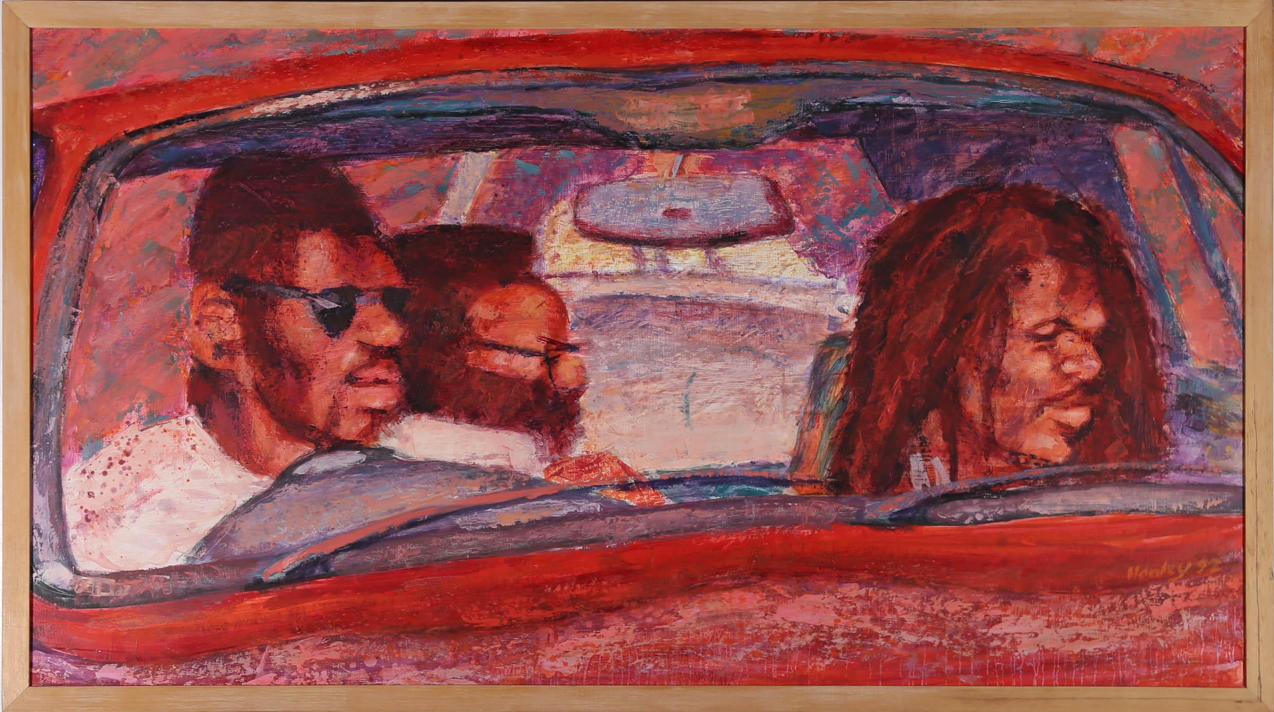 A busy modernist study by Clifford Hanley, capturing a second in the lives of three individuals, travelling in a car together. Signed and dated to the lower right-hand corner. Presented in a slim wooden frame. On board.