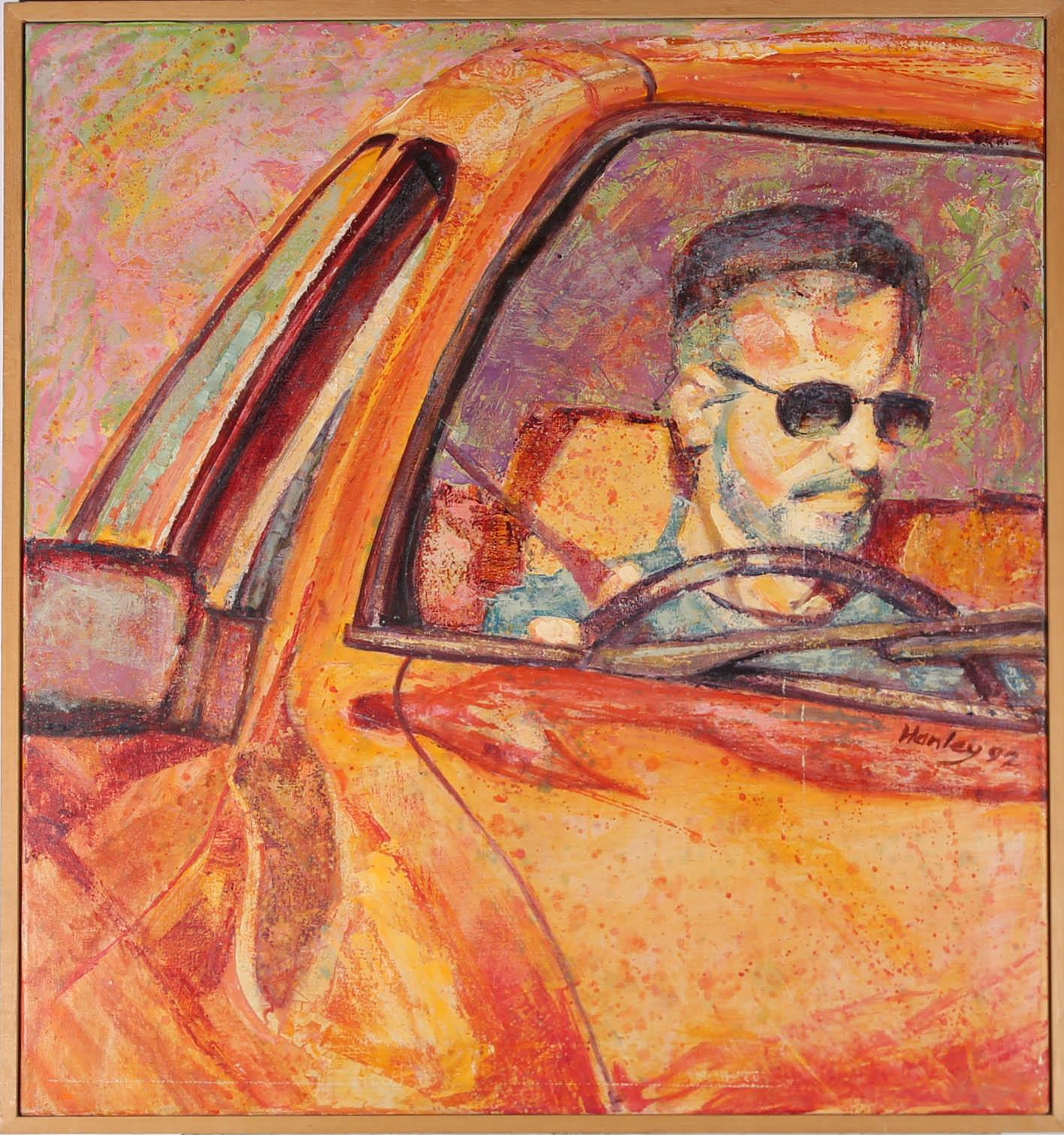 A colourful profile portrait by Clifford Hanley, of male driver speeding along in a bright orange vehicle. The painting is signed and dated to the right-hand side. Well presented in a slim wooden frame. On canvas on stretchers.