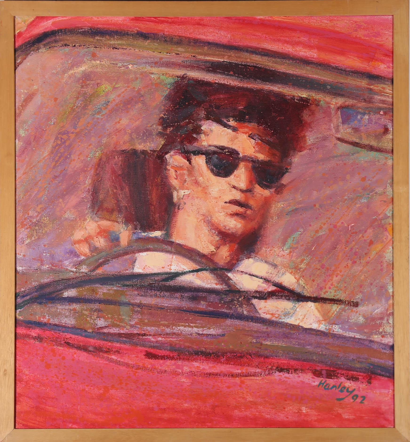A striking action portrait of a young male motorist looking in his rear view mirror, whilst driving in heavy Bristol traffic. Signed and dated to the lower right-hand corner. Presented in a light pine frame. On canvas on stretchers.