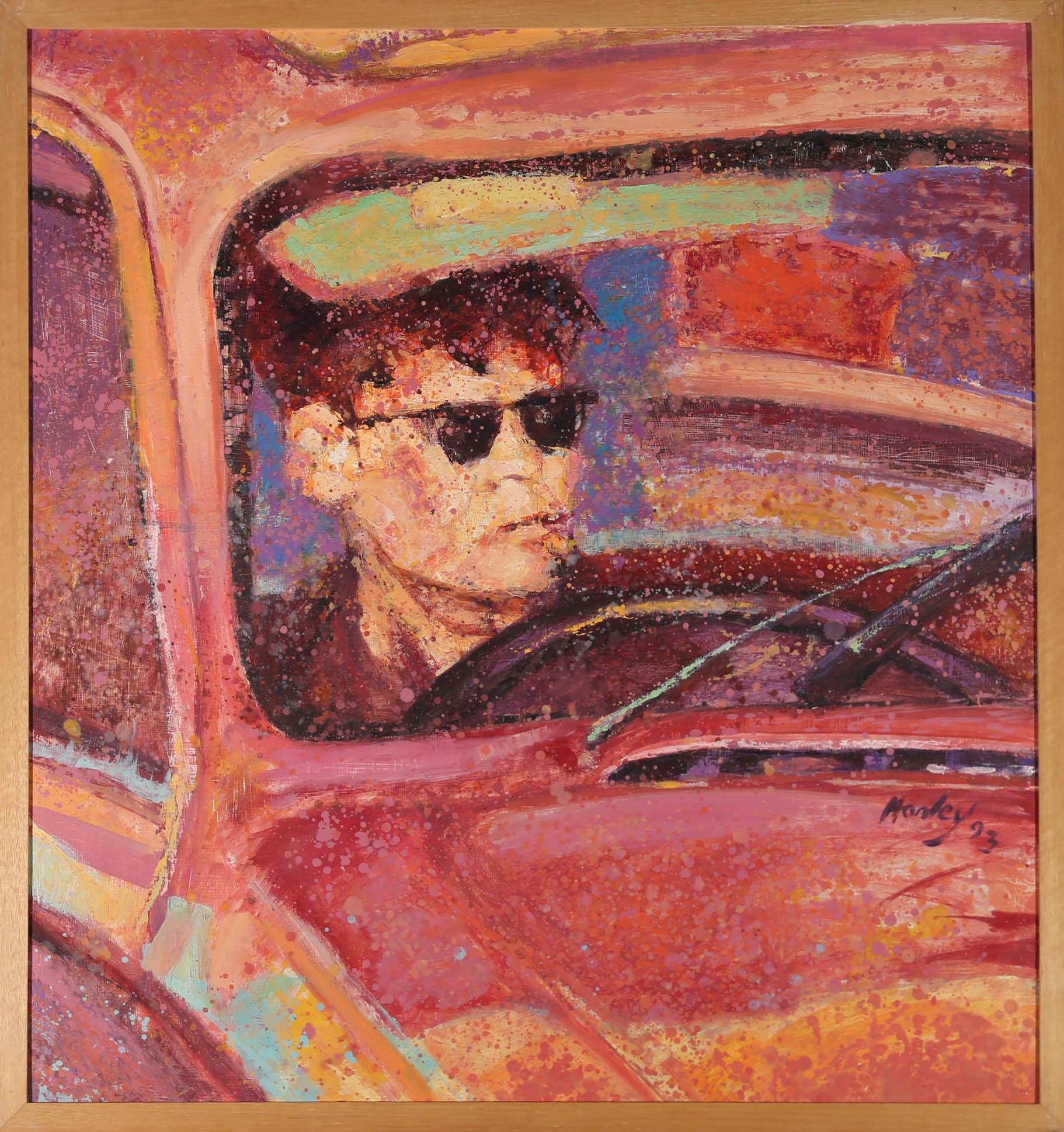 A multicoloured oil portrait by Clifford Hanley, depicting a casual male motorist caught in heavy traffic. Signed and dated to the lower right-hand edge. With a second artwork by the artist on the reverse. The painting is well presented in a light
