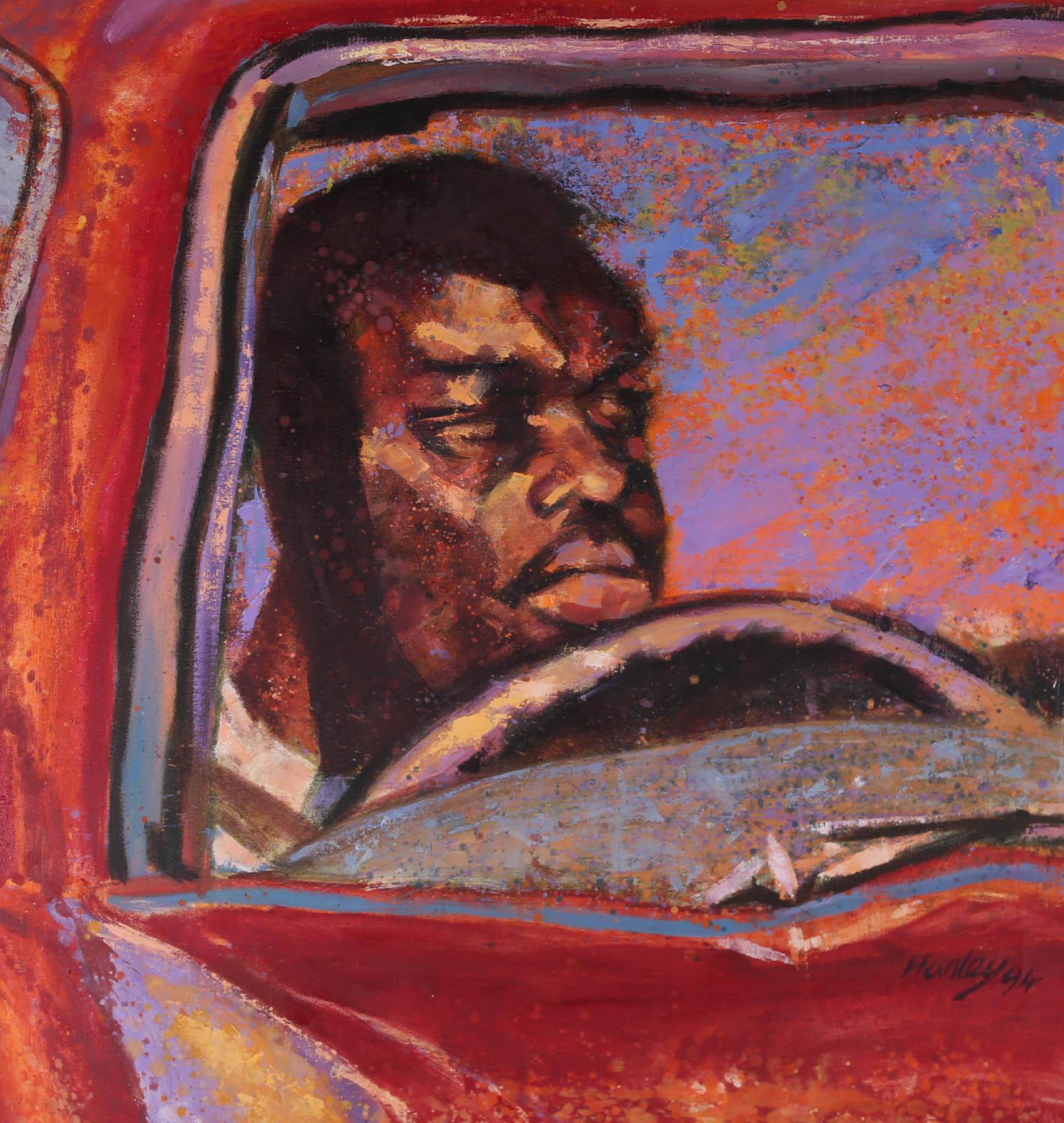 A colourful profile portrait by Clifford Hanley, of male driver perspiring in a stuffy red car with no air-conditioning. The painting is signed and dated to the lower right-hand corner. Well presented in a slim wooden frame. On canvas on stretchers.