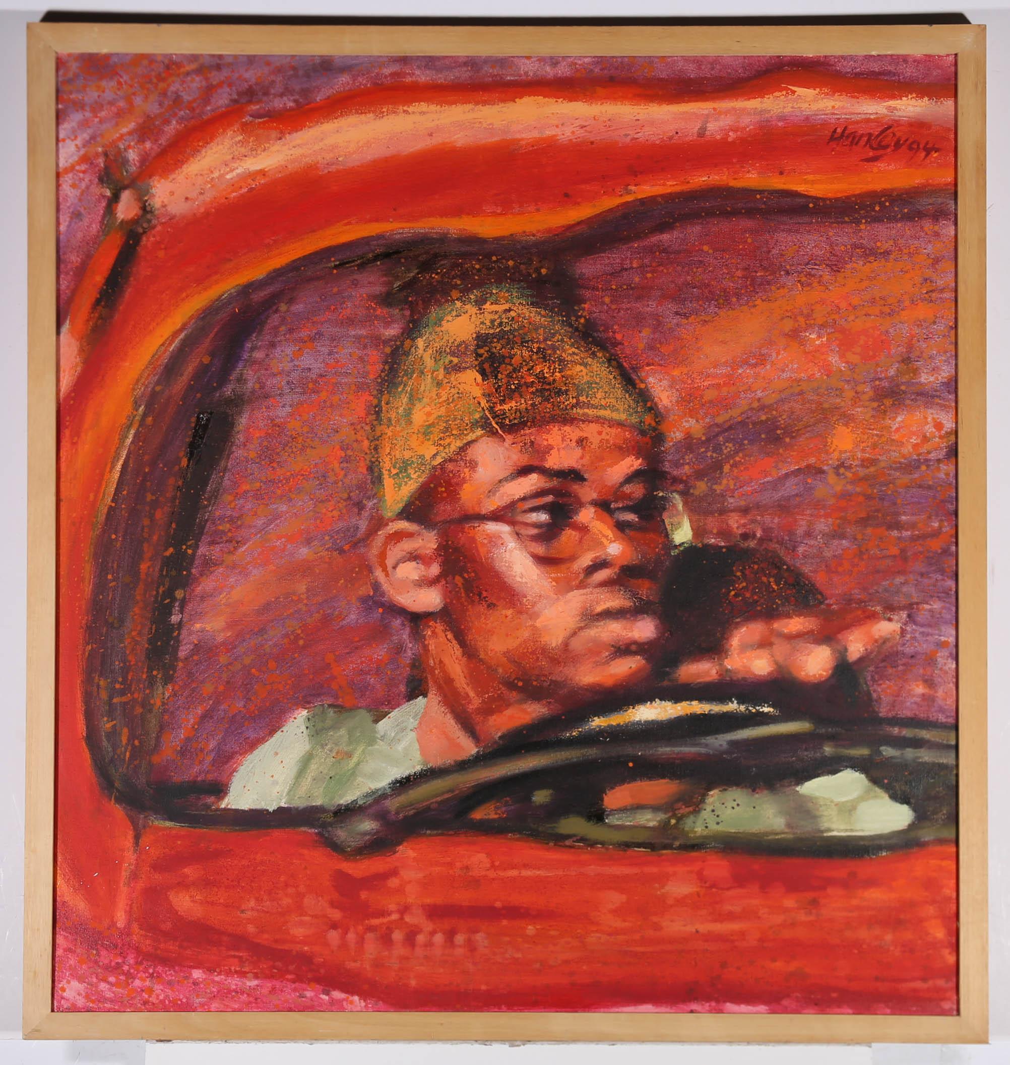 This striking portrait of a focused motorist is signed and dated to the upper right corner. Well presented in a simple pine frame. On canvas on stretchers.
