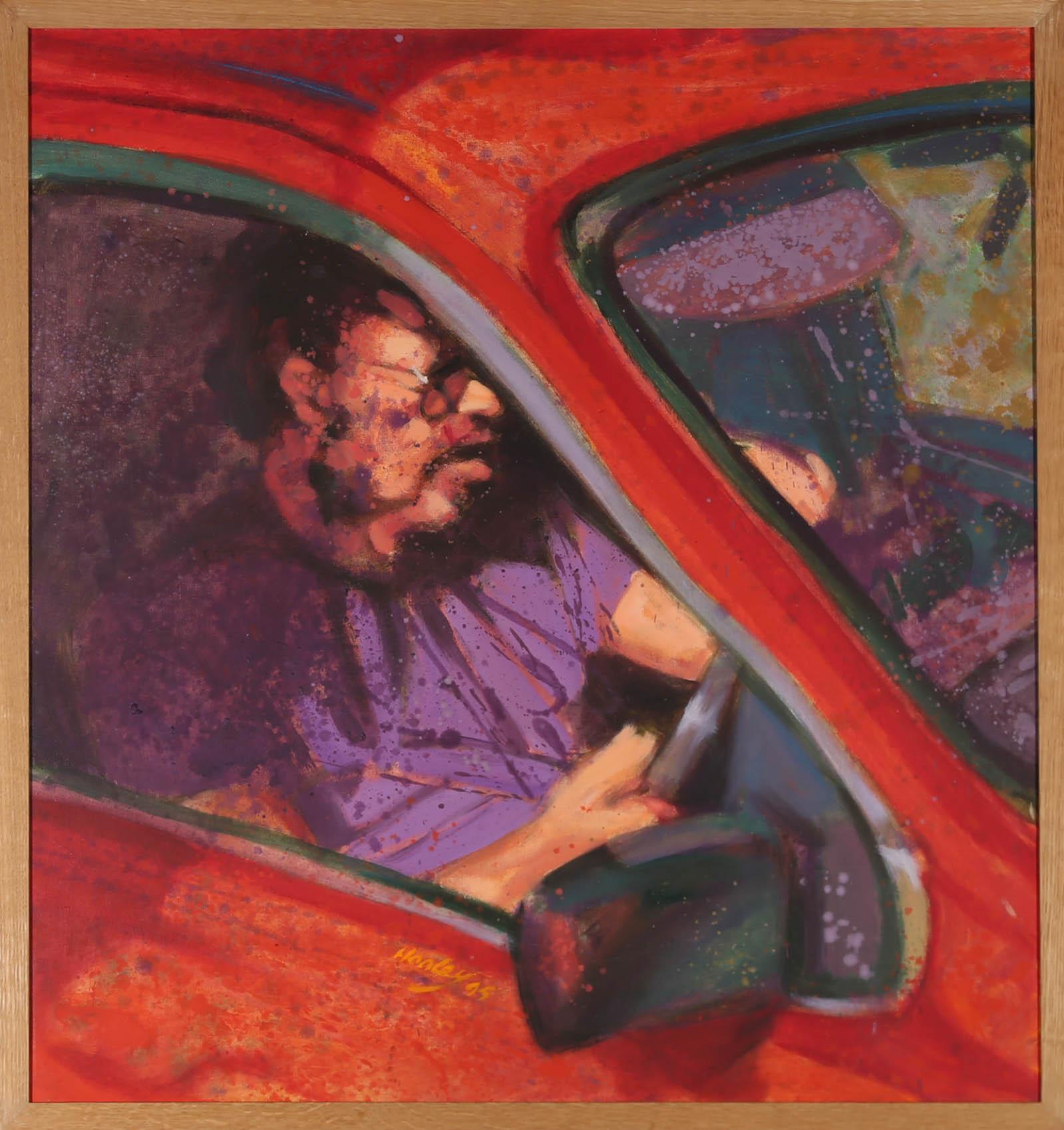 A striking action portrait by Clifford Hanley, capturing the profile of a male motorist from the driver's side window. The painting is signed and dated to the lower body of the car. Well presented in a oak wooden frame. On canvas on stretchers.