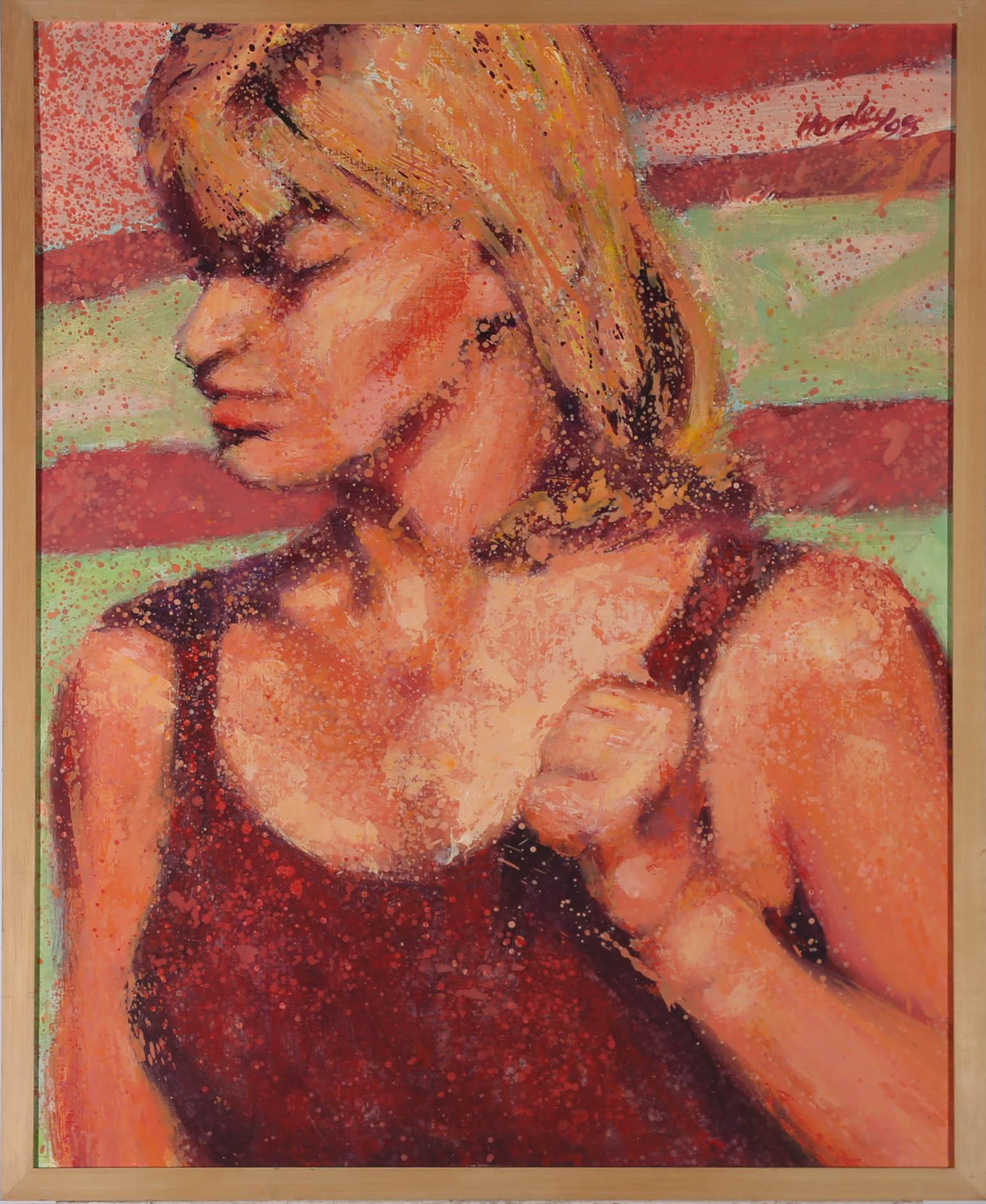 Un accattivante ritratto femminile di Clifford Hanley, su uno sfondo a righe rosse e verdi. Firmato e datato nell'angolo superiore destro. Ben presentato in una cornice di legno chiaro. A bordo.