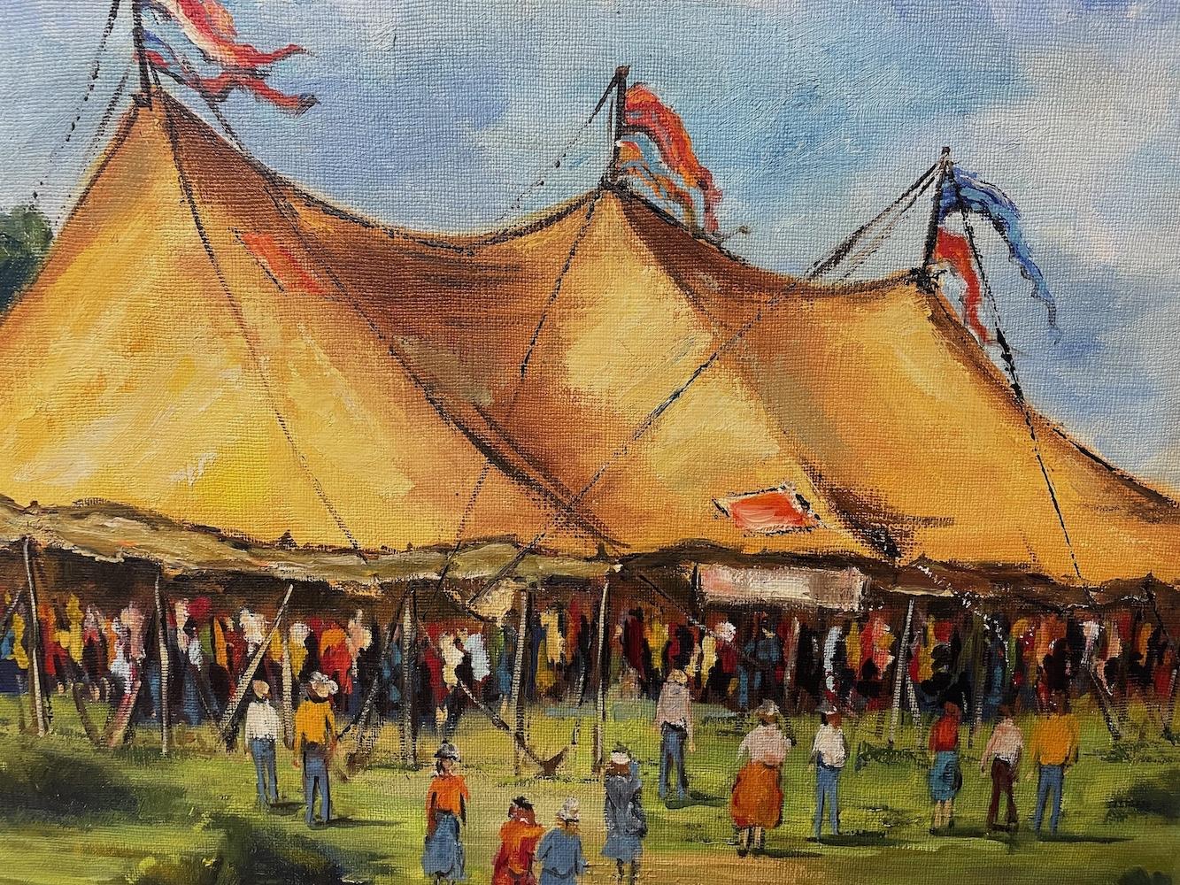 Big Tent Ein amerikanischer Reise Zirkus kommt in die Stadt – Painting von Clifford Holmes