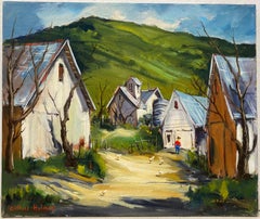 Clifford Holmes Country Farm with Chickens and a Farmer Oil Painting c.1950