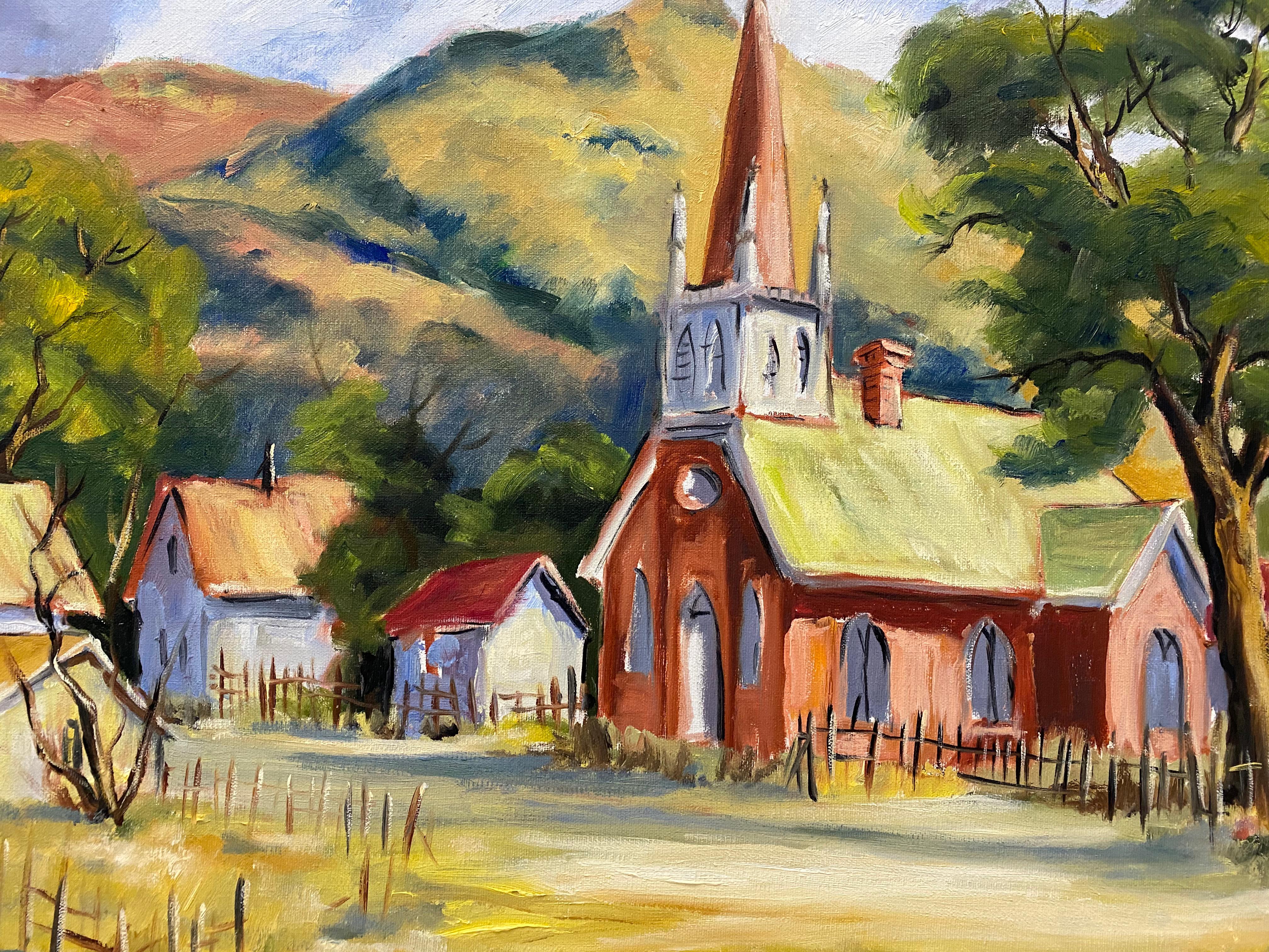 Clifford Holmes Iglesia campestre de las colinas del norte de California Pintura al óleo C.1950 en venta 1