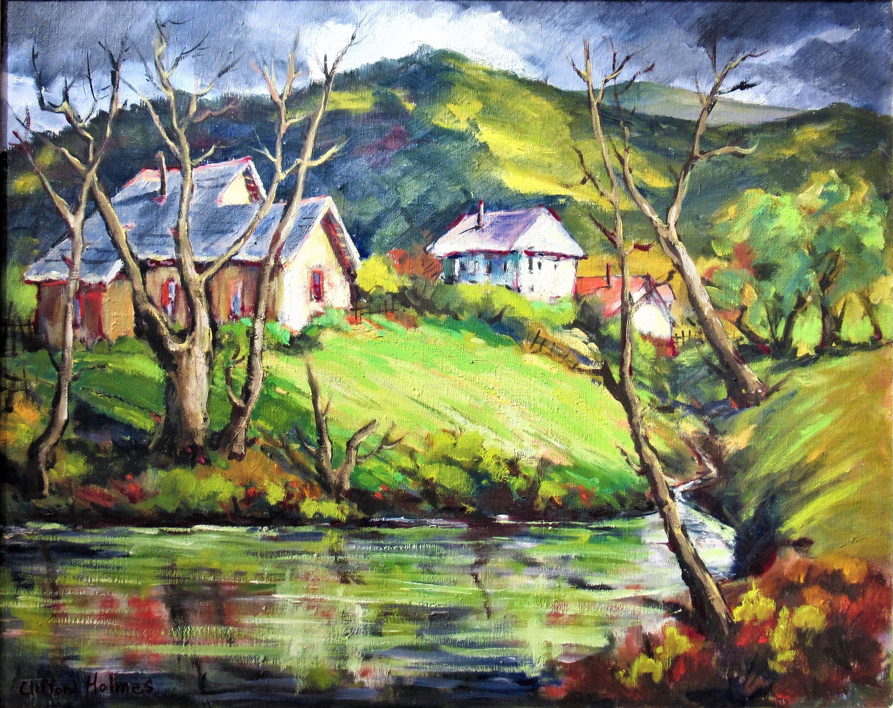Paysage avec maisons et étangs, Californie - Painting de Clifford Holmes
