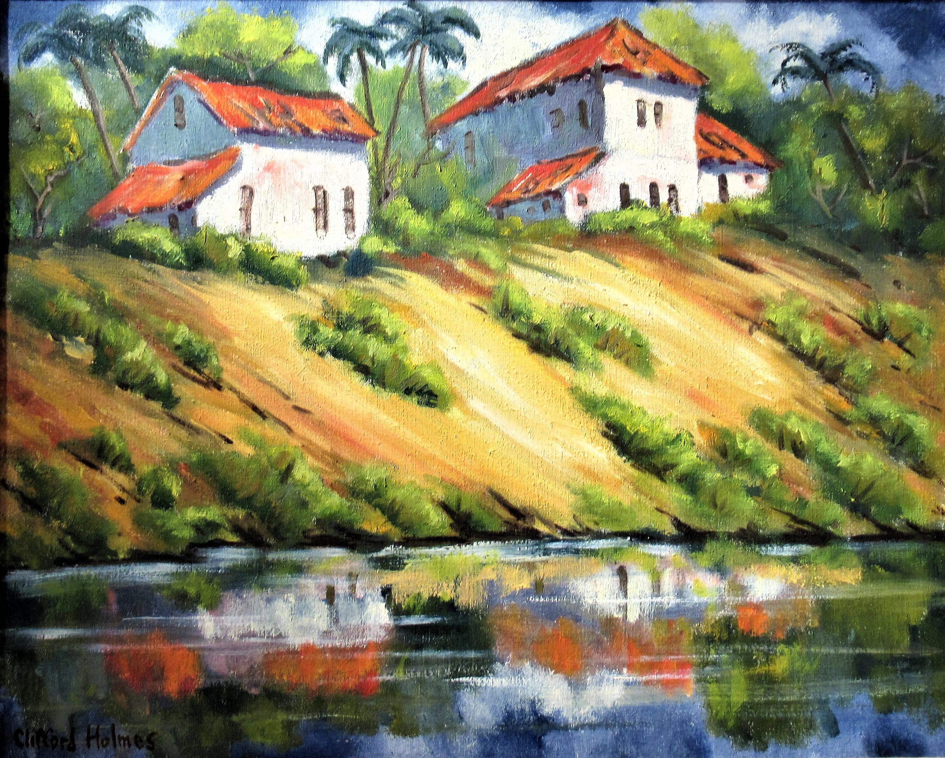 Landschaft mit Häusern und Teich, Kalifornien – Painting von Clifford Holmes