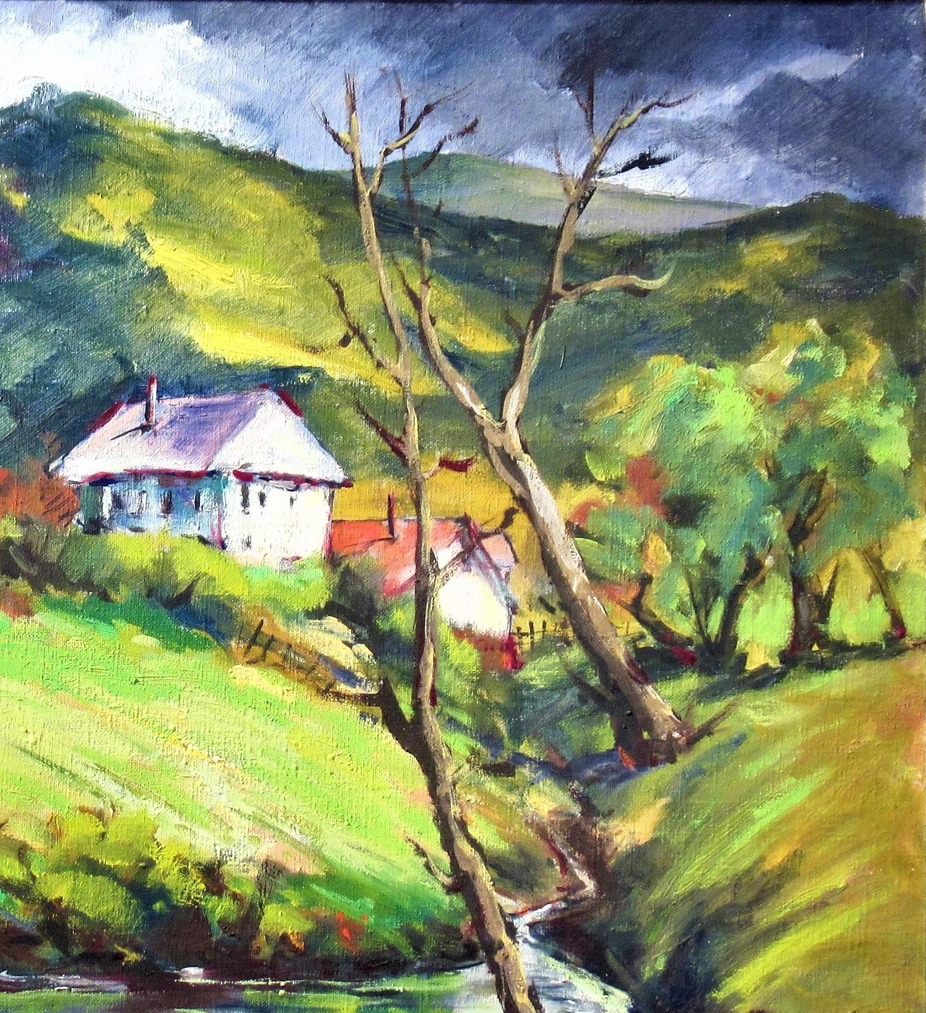 Paysage avec maisons et étangs, Californie - Impressionnisme américain Painting par Clifford Holmes