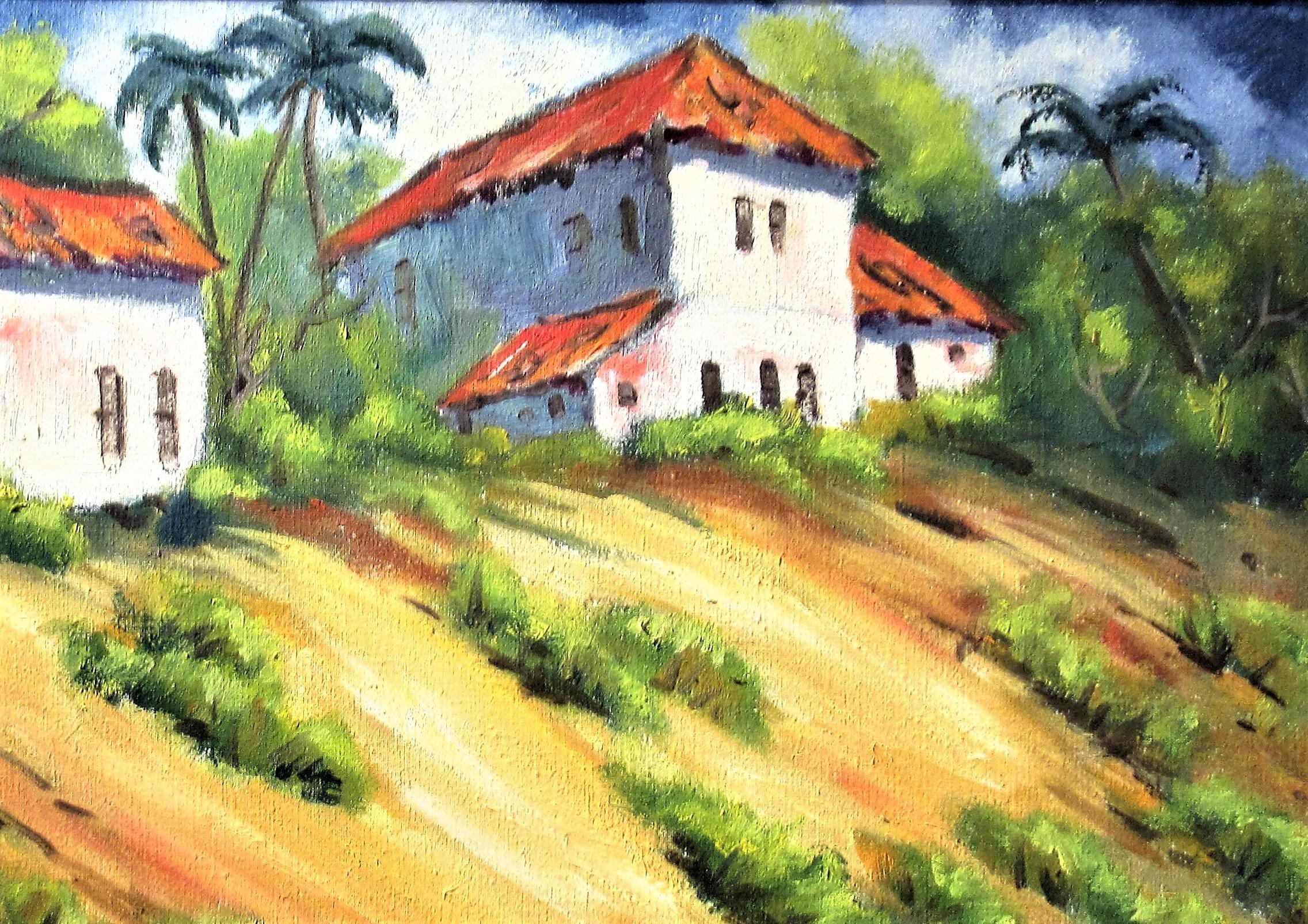 Landschaft mit Häusern und Teich, Kalifornien (Amerikanischer Impressionismus), Painting, von Clifford Holmes