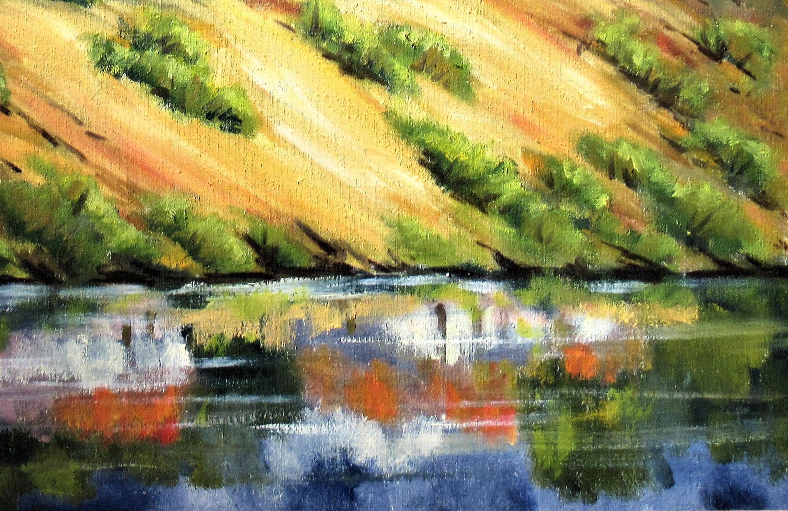 Landschaft mit Häusern und Teich, Kalifornien (Braun), Figurative Painting, von Clifford Holmes