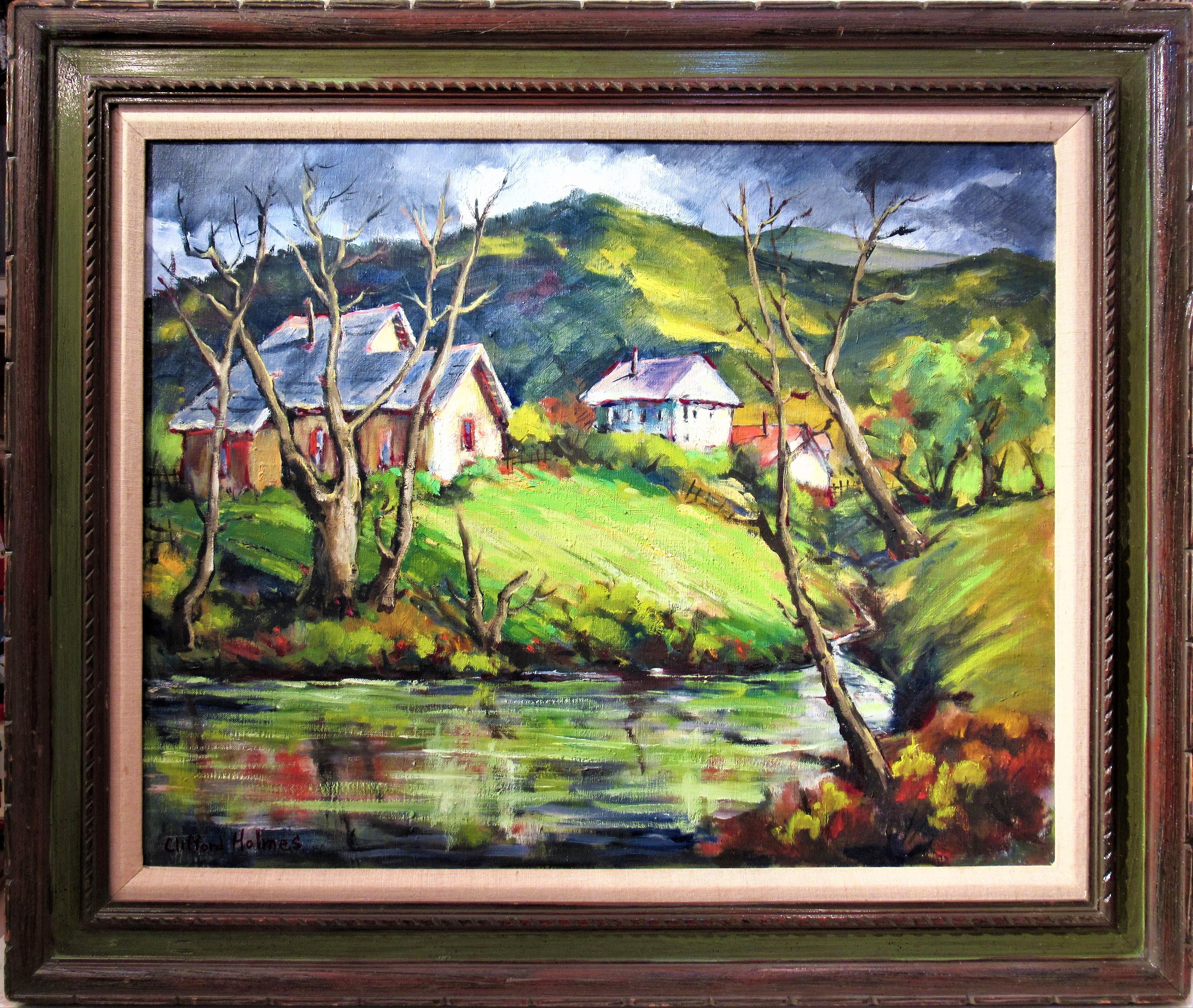 Clifford Holmes Figurative Painting - Landscape with Houses and Pond, California