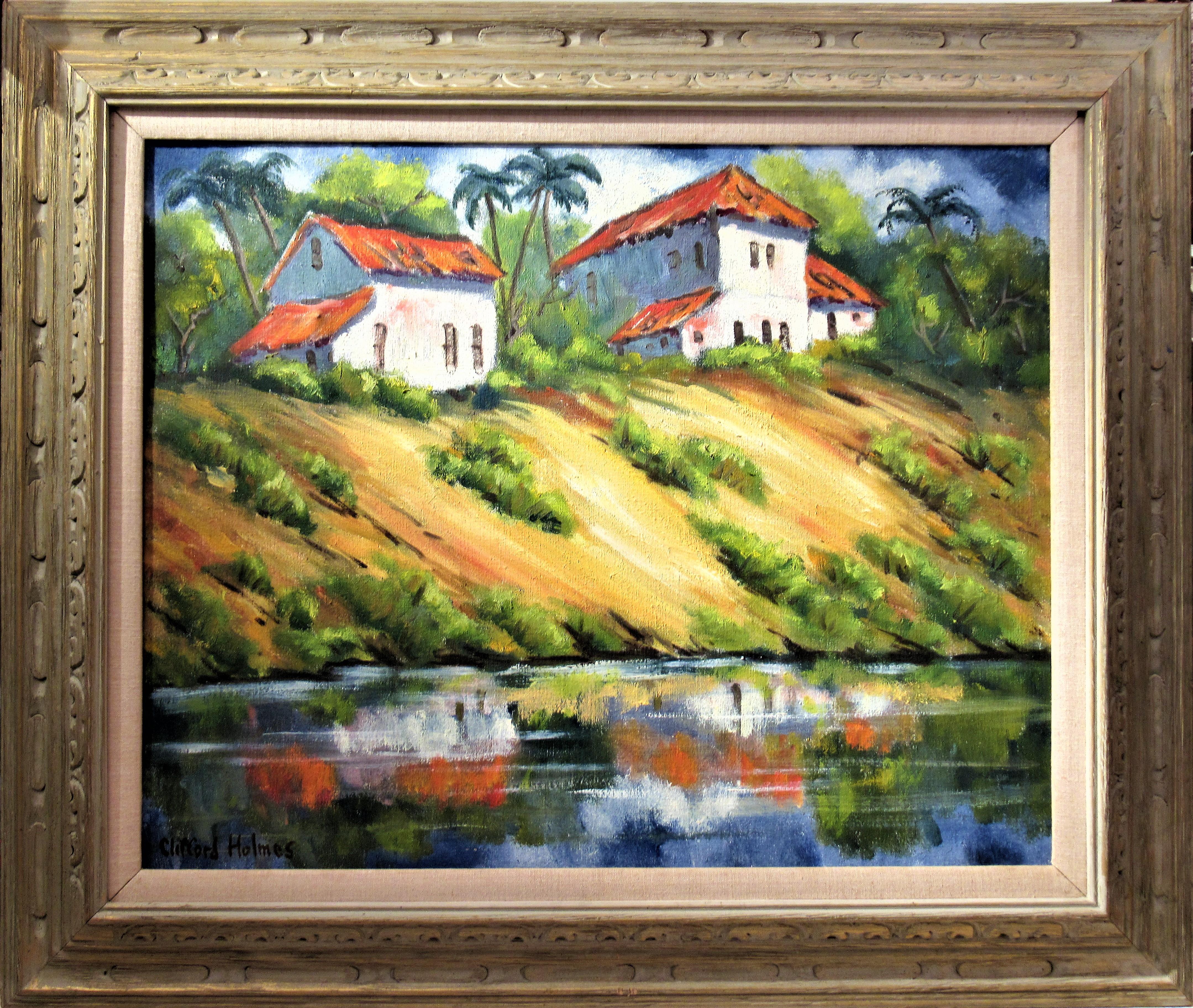 Clifford Holmes Figurative Painting – Landschaft mit Häusern und Teich, Kalifornien