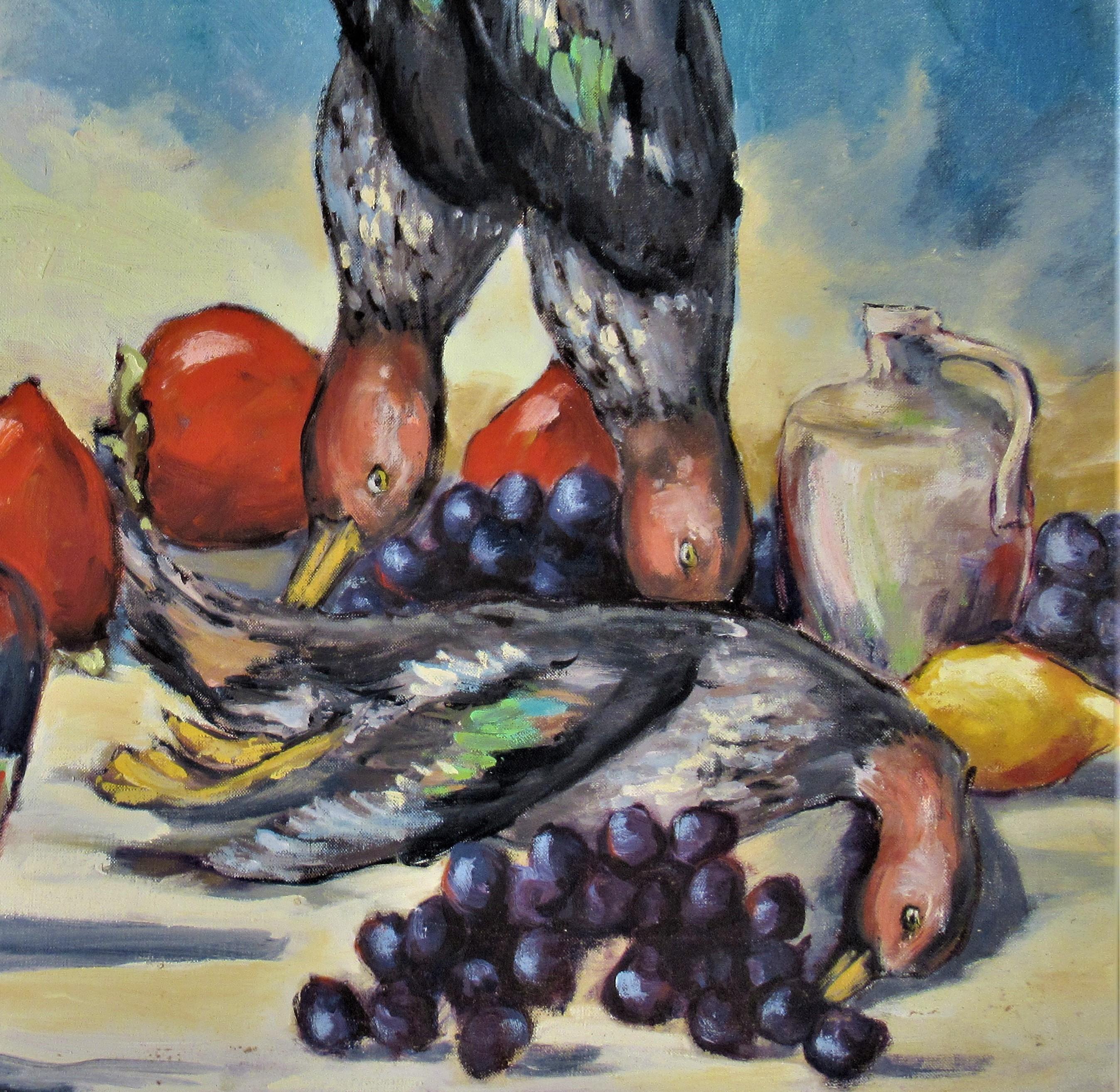 Still Life with Bottles and Ducks - Painting by Clifford Holmes