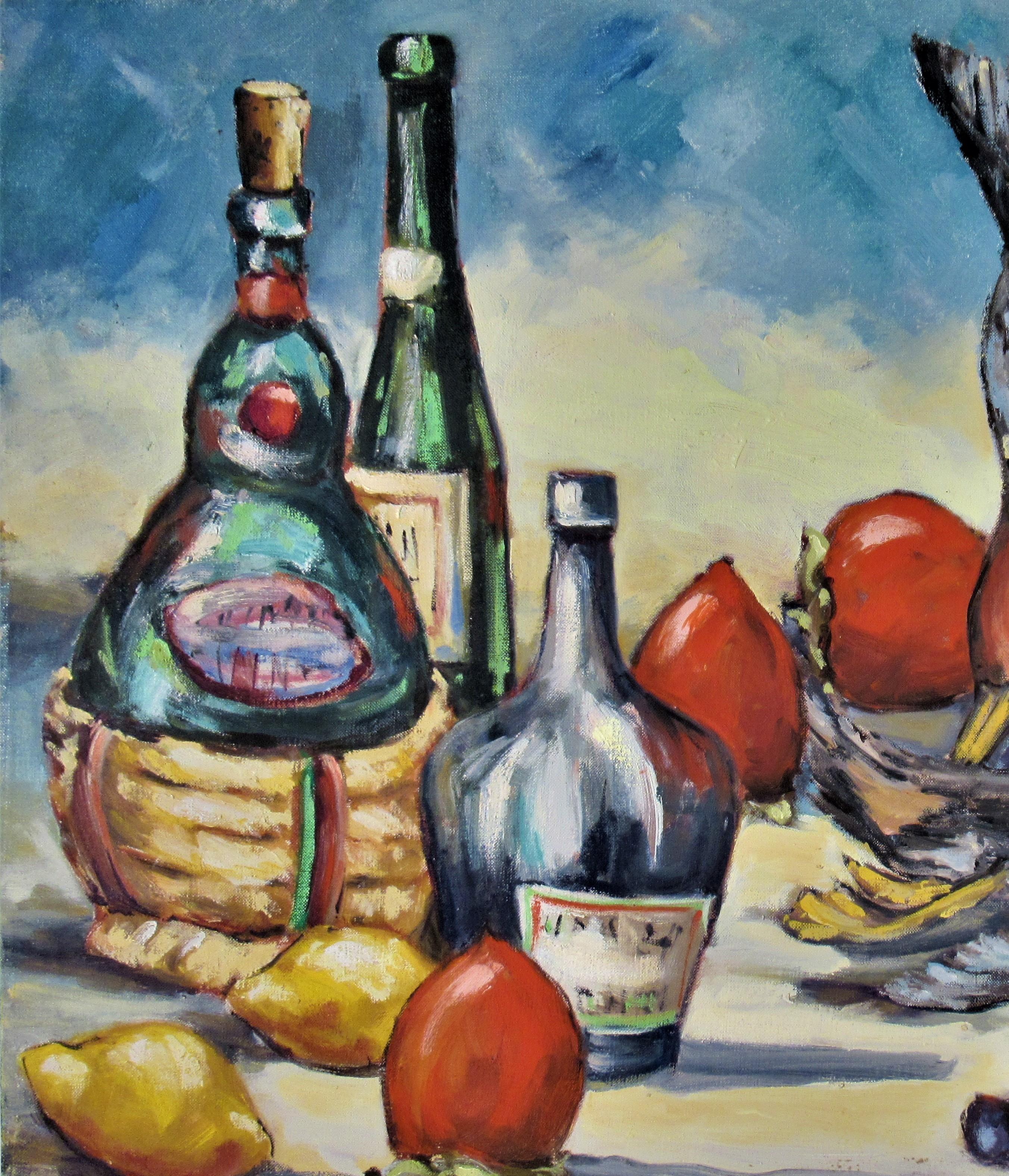Nature morte avec bouteilles et canards - Gris Still-Life Painting par Clifford Holmes
