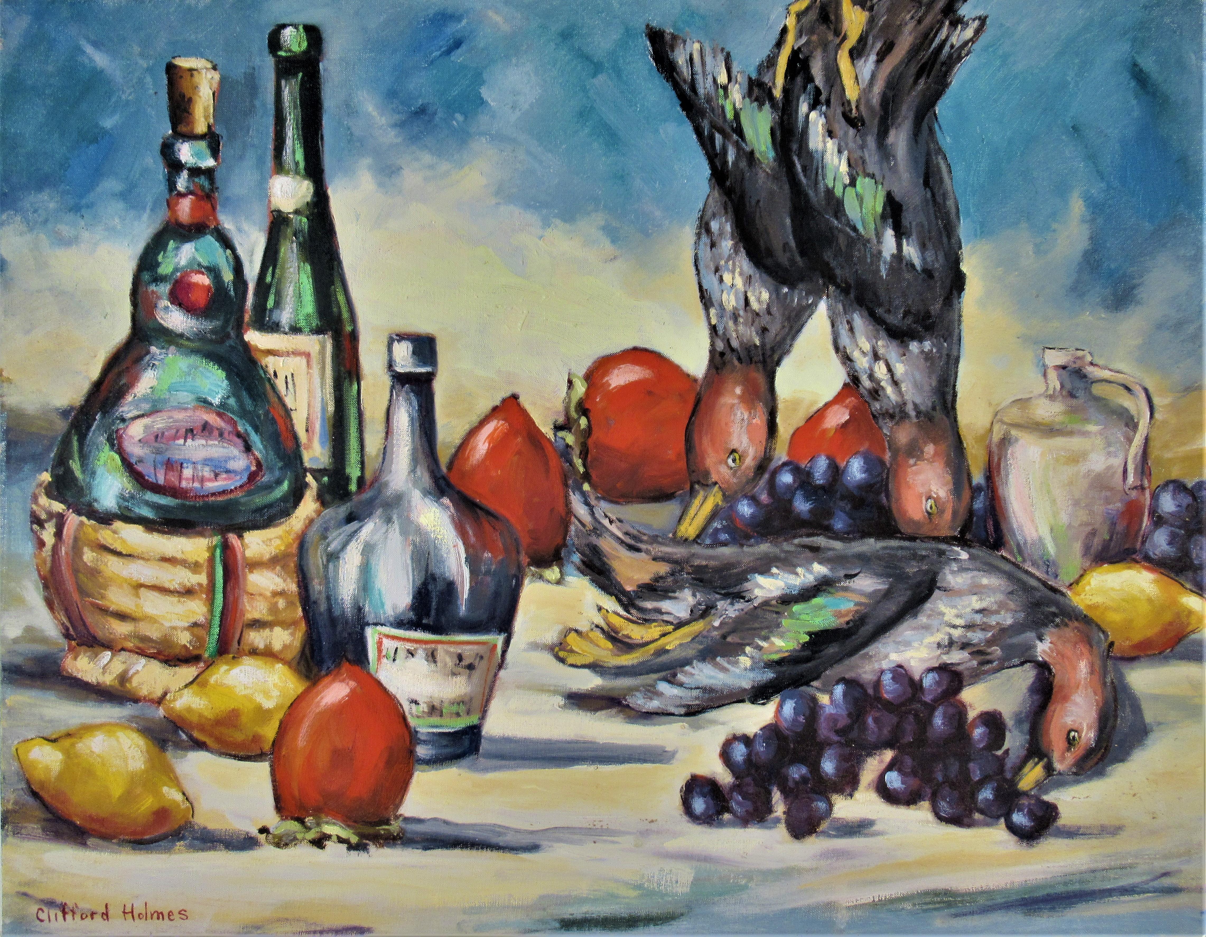 Still-Life Painting Clifford Holmes - Nature morte avec bouteilles et canards