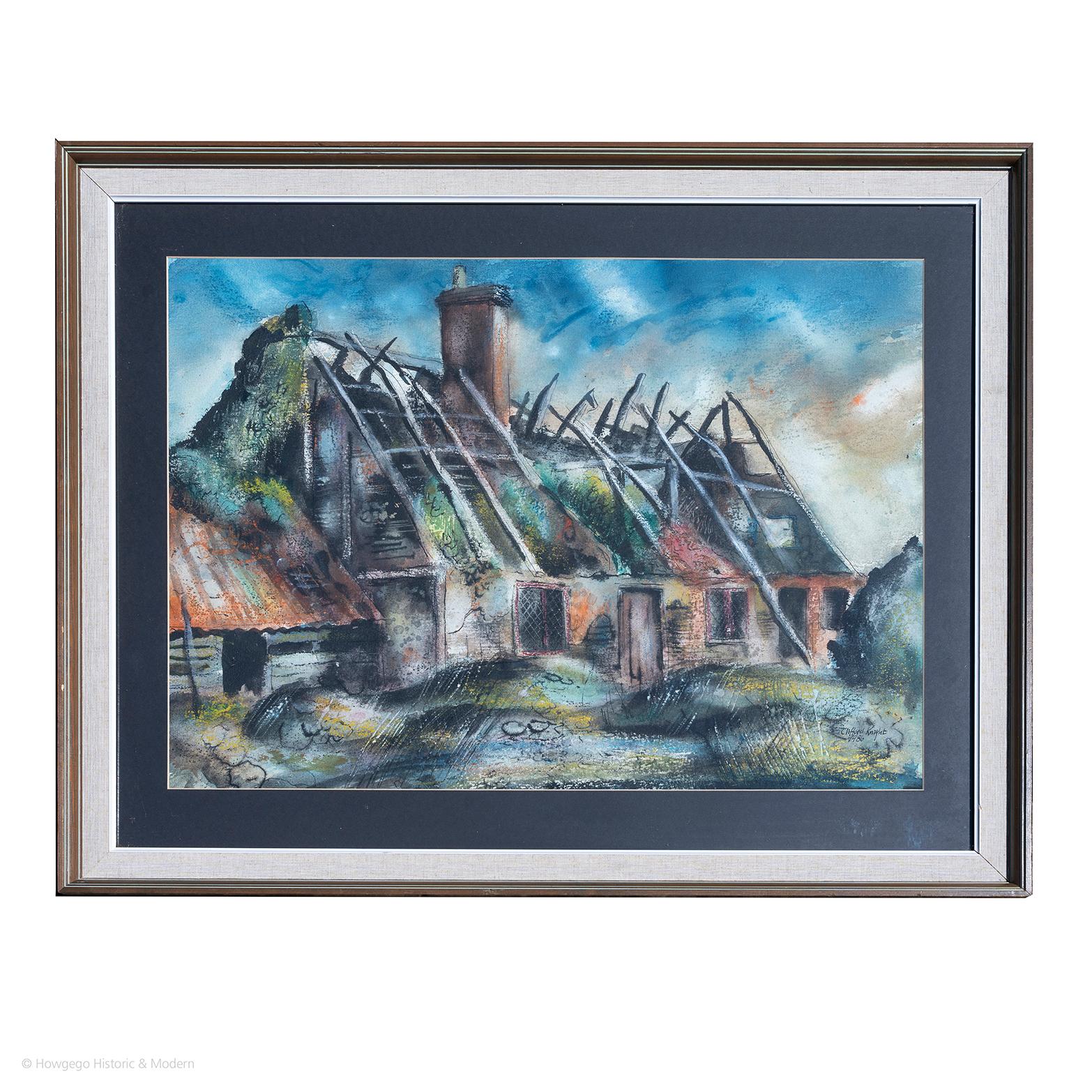 Harry Newman's Derelict cottages, Stagsden 1986
Watercolour, ink, crayon, gouache
Signed lower right : Clifford Knight 1986
label verso : Ghosts & Silent Witness Exhibition, Northampton, no 20

In the original gilded frame length 92.5cm., 36