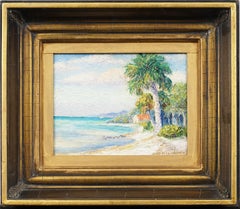 Vintage American Coastal California Beach Palm Tree Framed Seascape Oil Painting