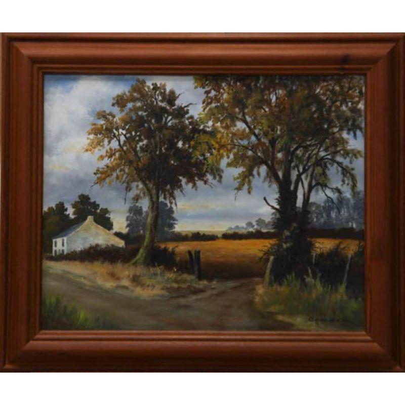 Un raffinato studio di un paesaggio dell'artista britannico Clifford Nickson. Etichetta scritta a mano sul retro. Ben presentato in una sostanziosa cornice di legno. Firmato. Su tavola di tela.
