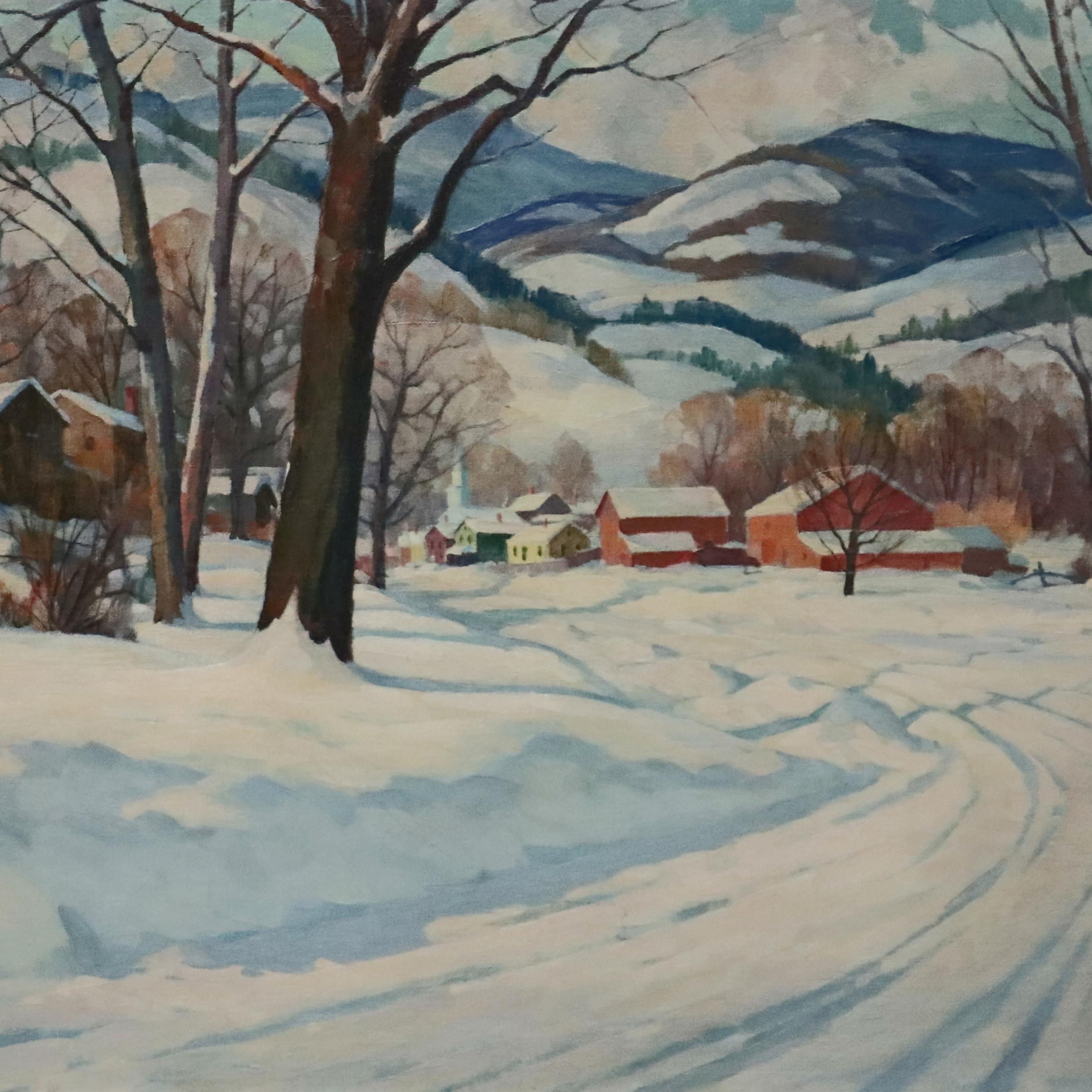 Clifford Ulp Oil on Canvas Landscape Painting, Winter Village Scene, circa 1940 3