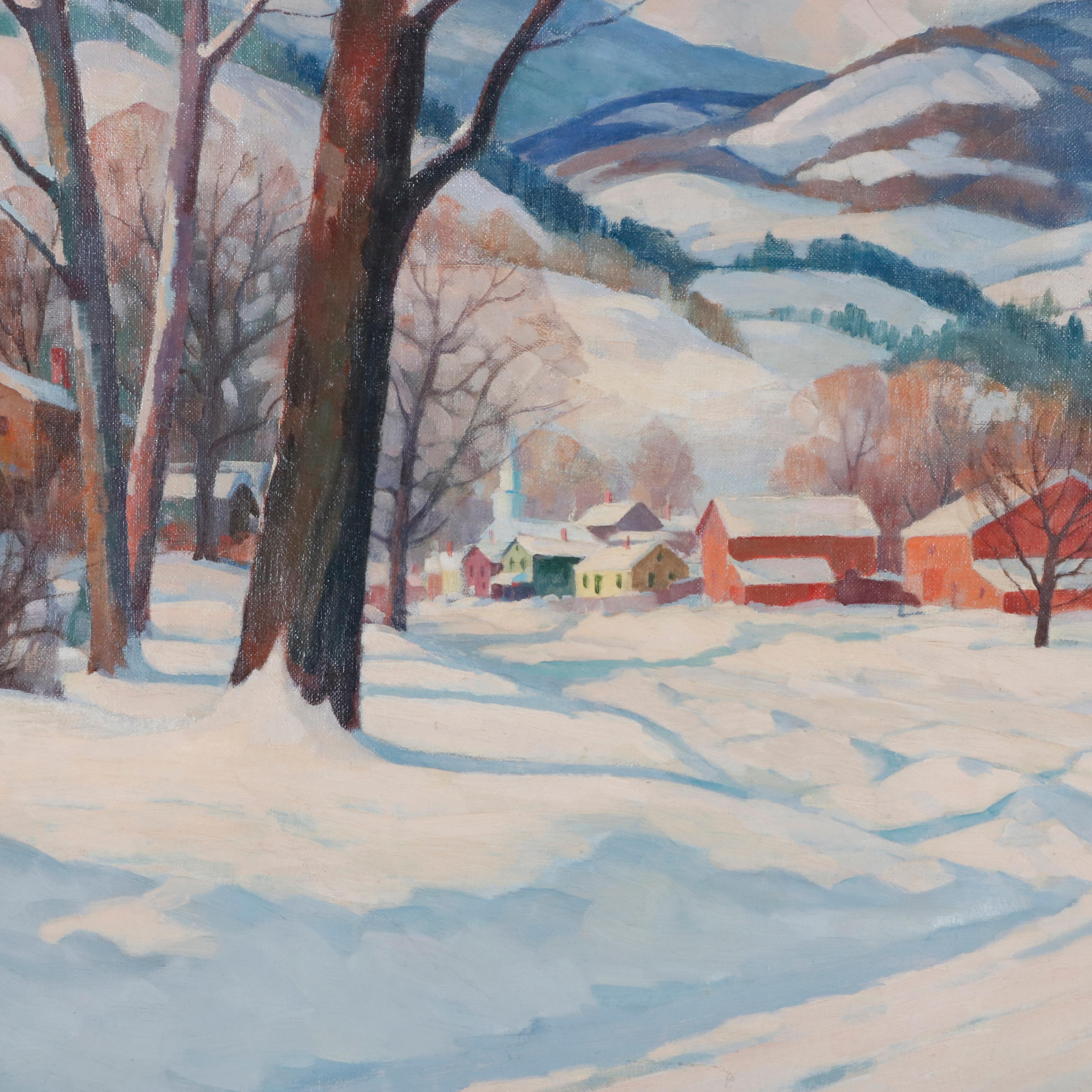 Clifford Ulp Oil on Canvas Landscape Painting, Winter Village Scene, circa 1940 4