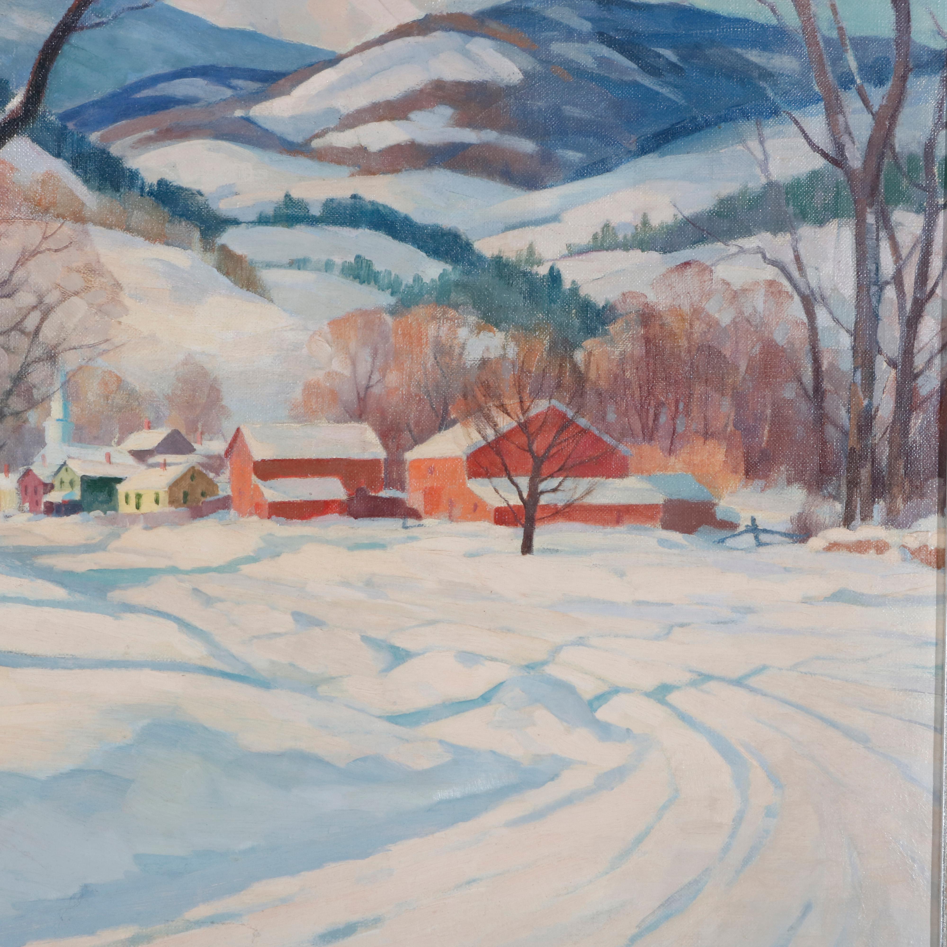 Clifford Ulp Oil on Canvas Landscape Painting, Winter Village Scene, circa 1940 5