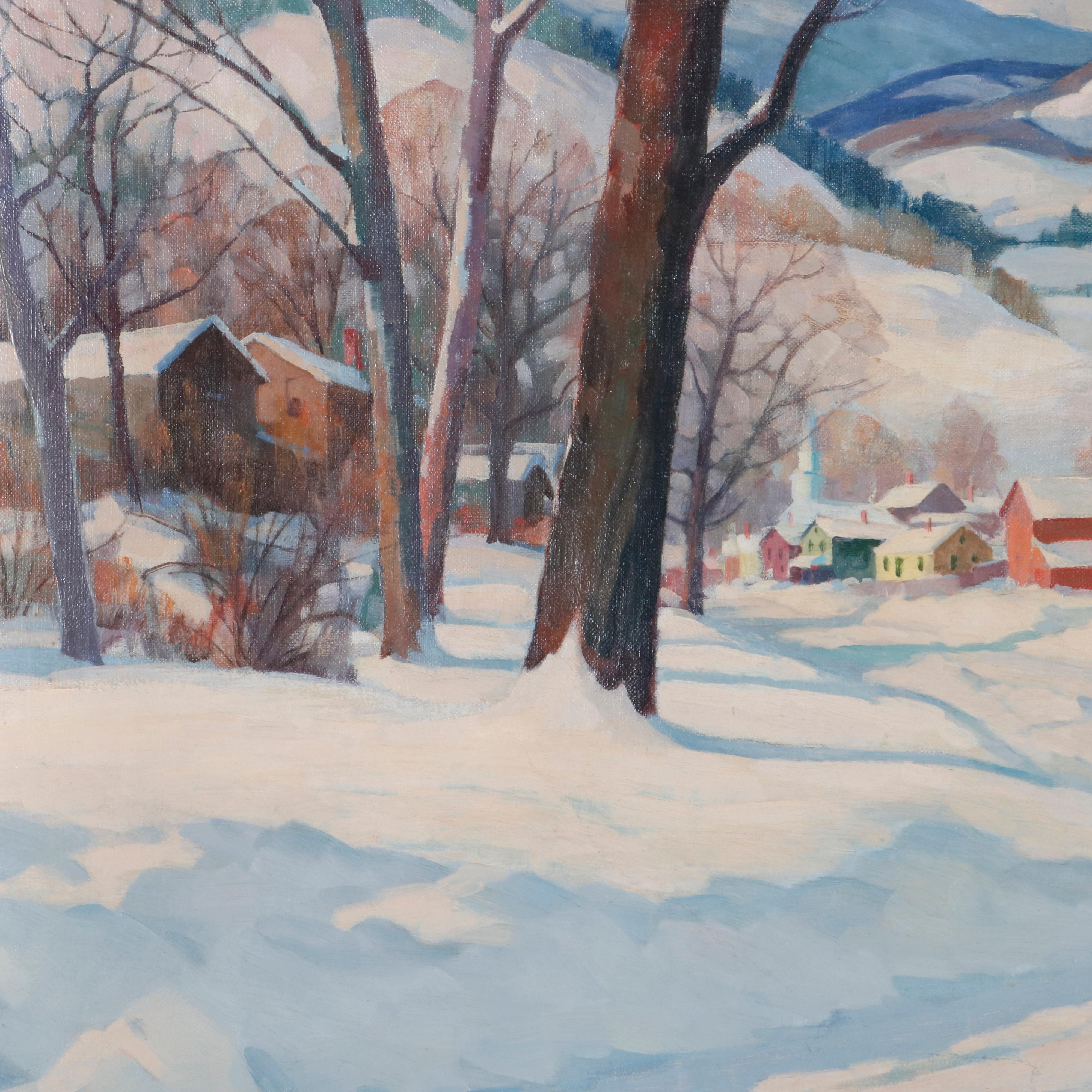 An antique painting by Clifford Ulp, oil on canvas landscape depicts winter scene with mountain village, artist-signed lower right, seated in silver giltwood frame, circa 1940.

Measured: 28.88